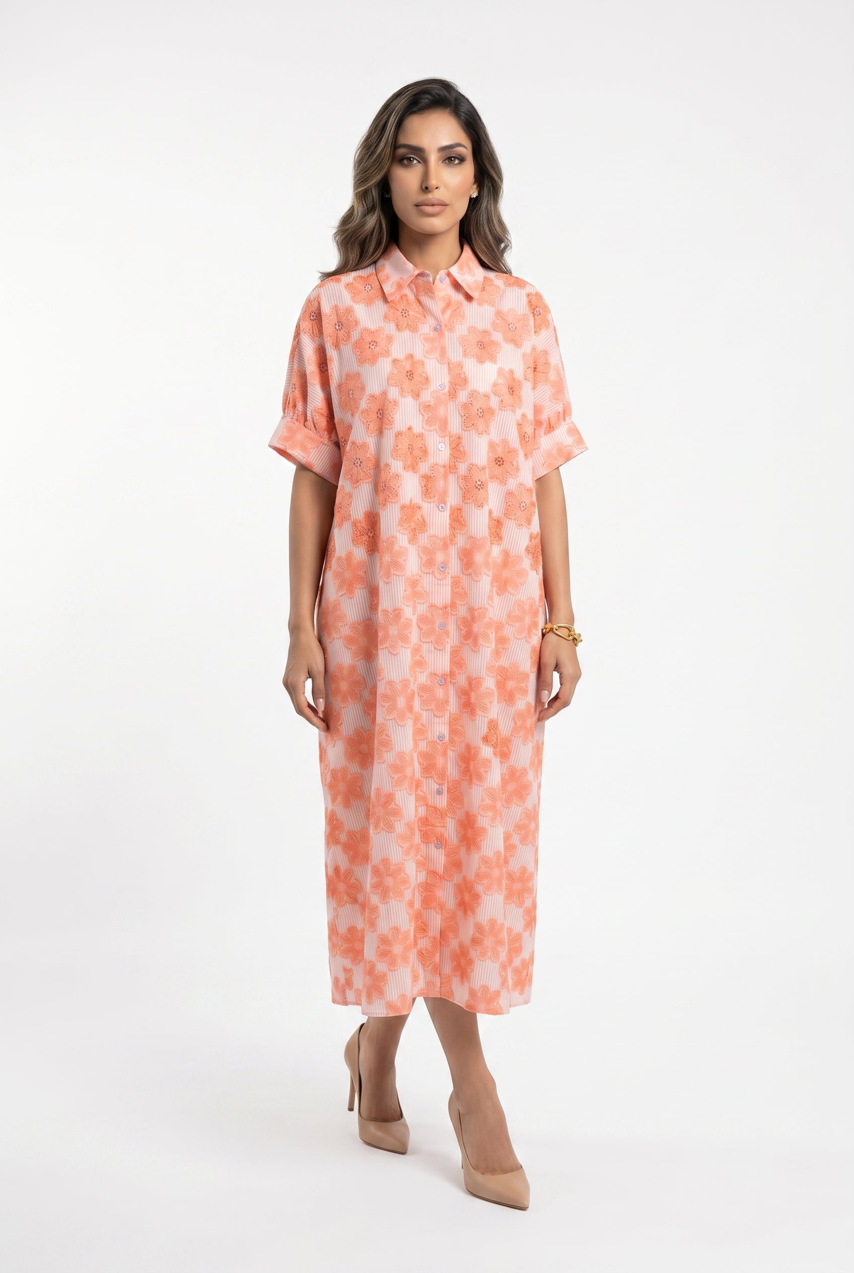 Icaria Flores Beads Embroidery Oversized Midi Dress - Brown Loft