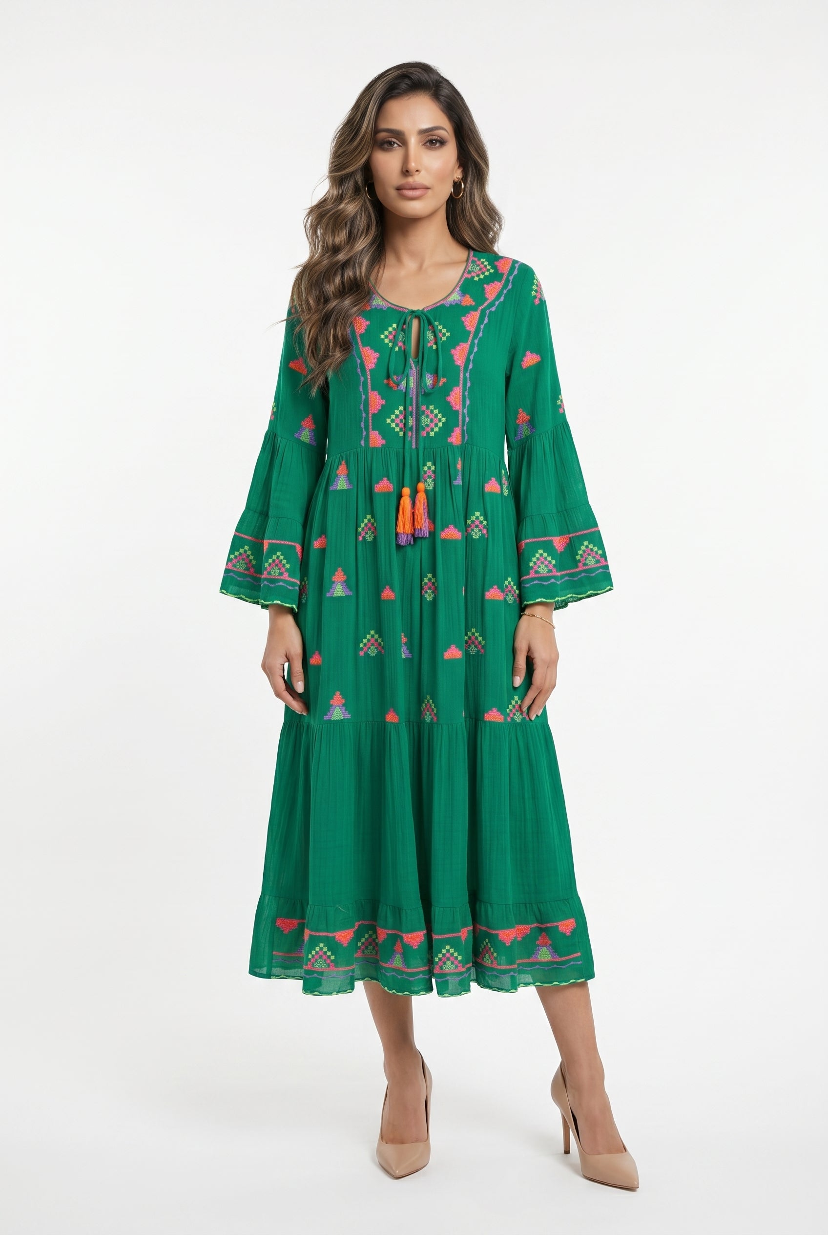 Apolo Embroidered Long Tiered Dress - Brown Loft