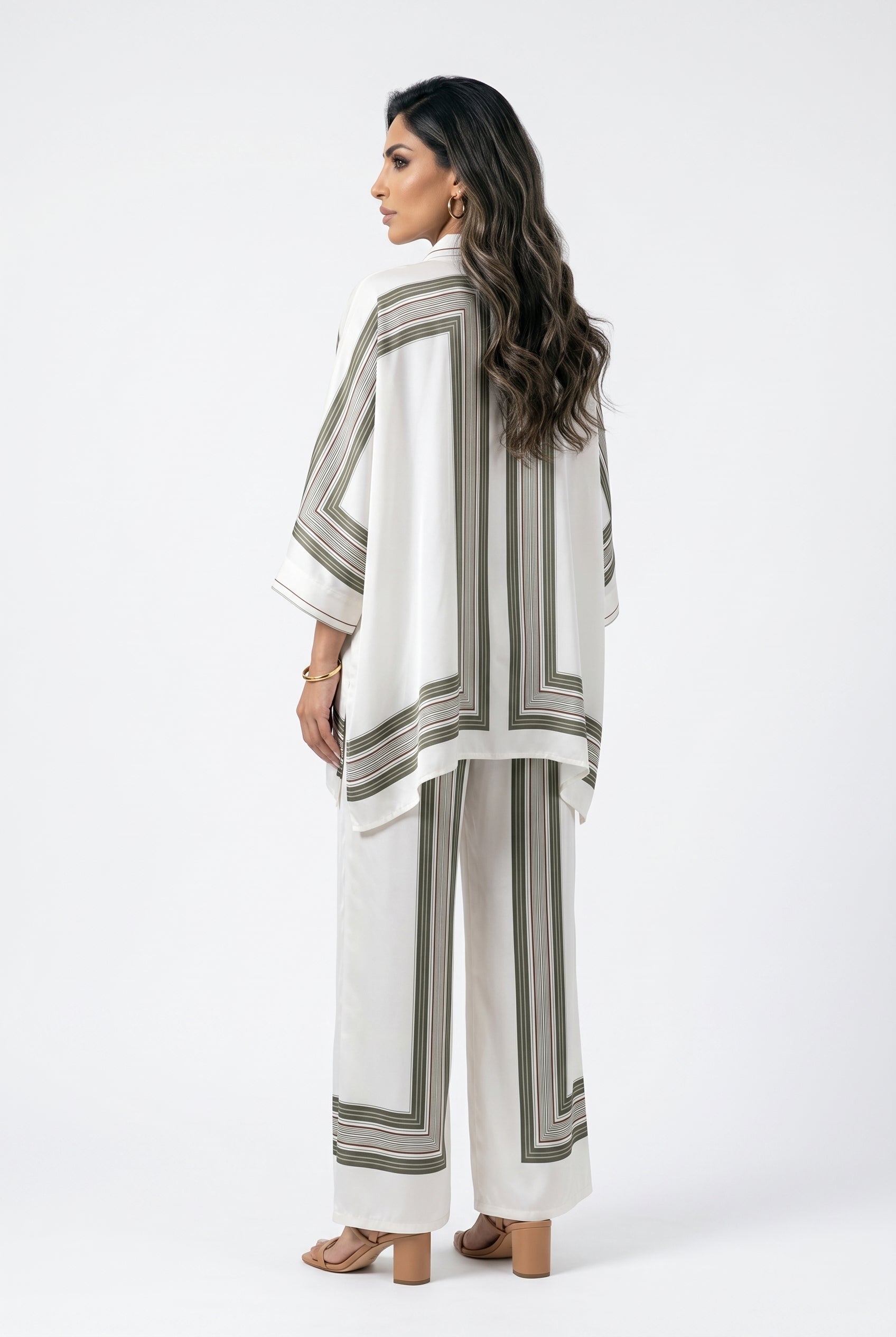 KD8871/9099-7 Ticking Stripe Satin Cape Shirt and Pants قميص وبنطال من الساتان المخطط - Brown Loft