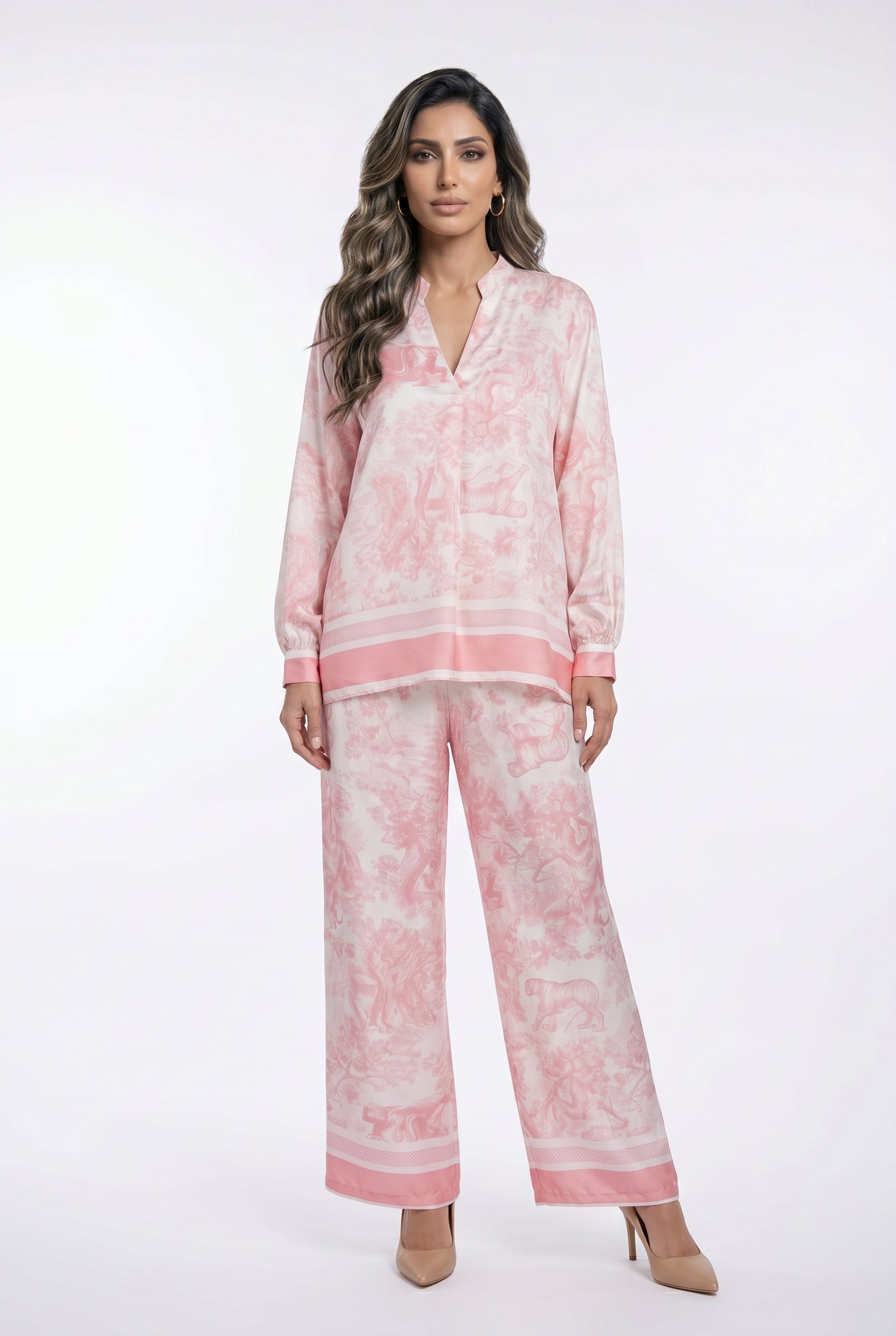 KD9968/6637-6 Toile de Jouy Satin Top and Pants - Brown Loft
