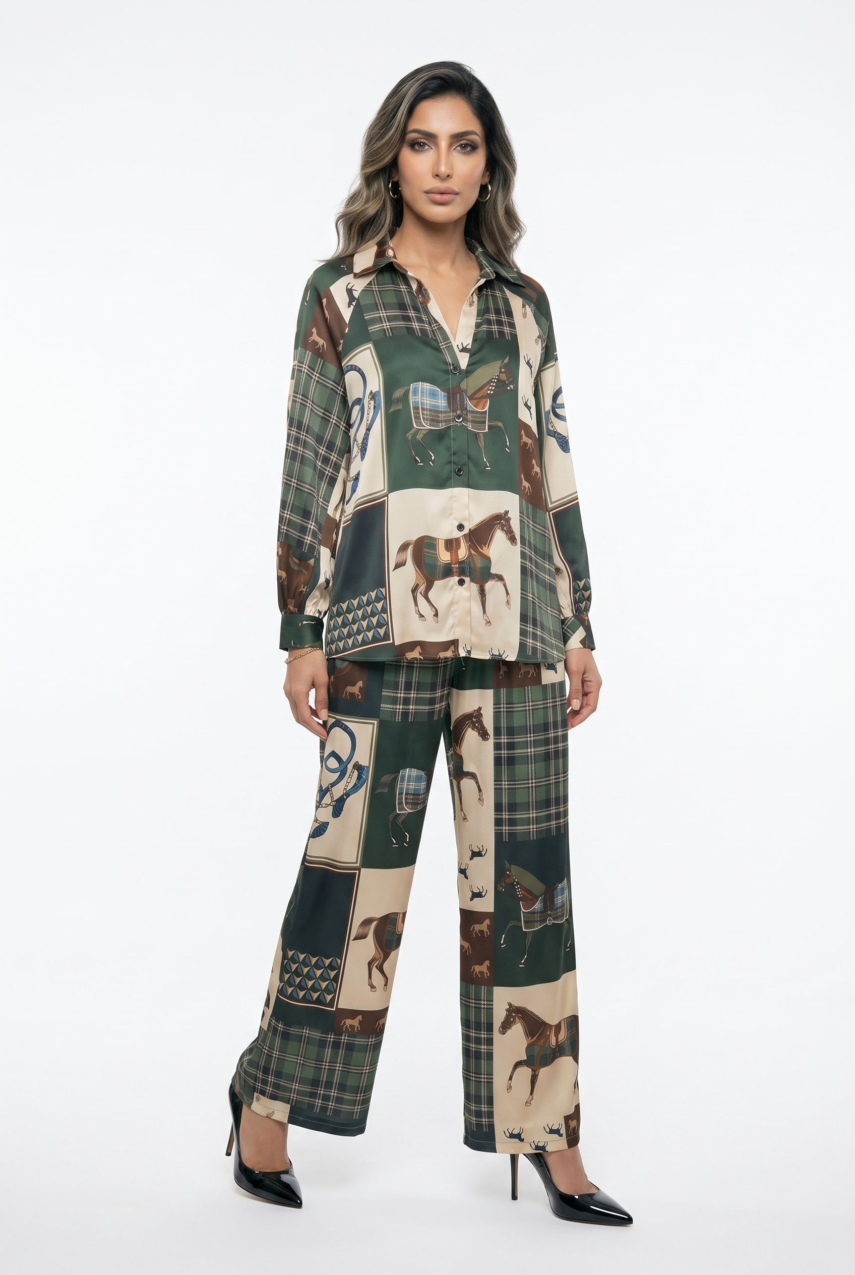 KD9966/6637-30 Equestrian Printed Satin Top and Pants - Brown Loft