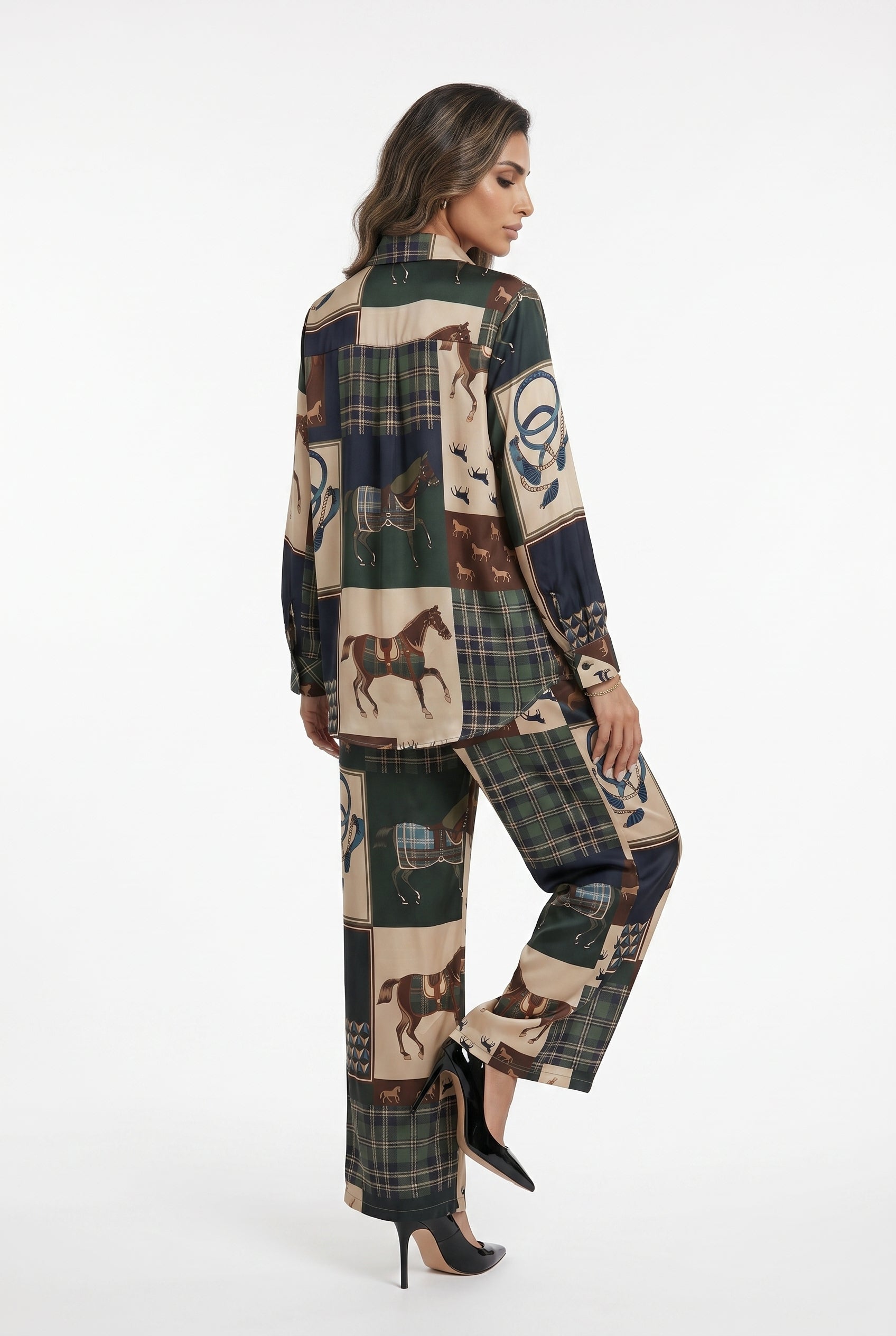 KD9966/6637-30 Equestrian Printed Satin Top and Pants - Brown Loft