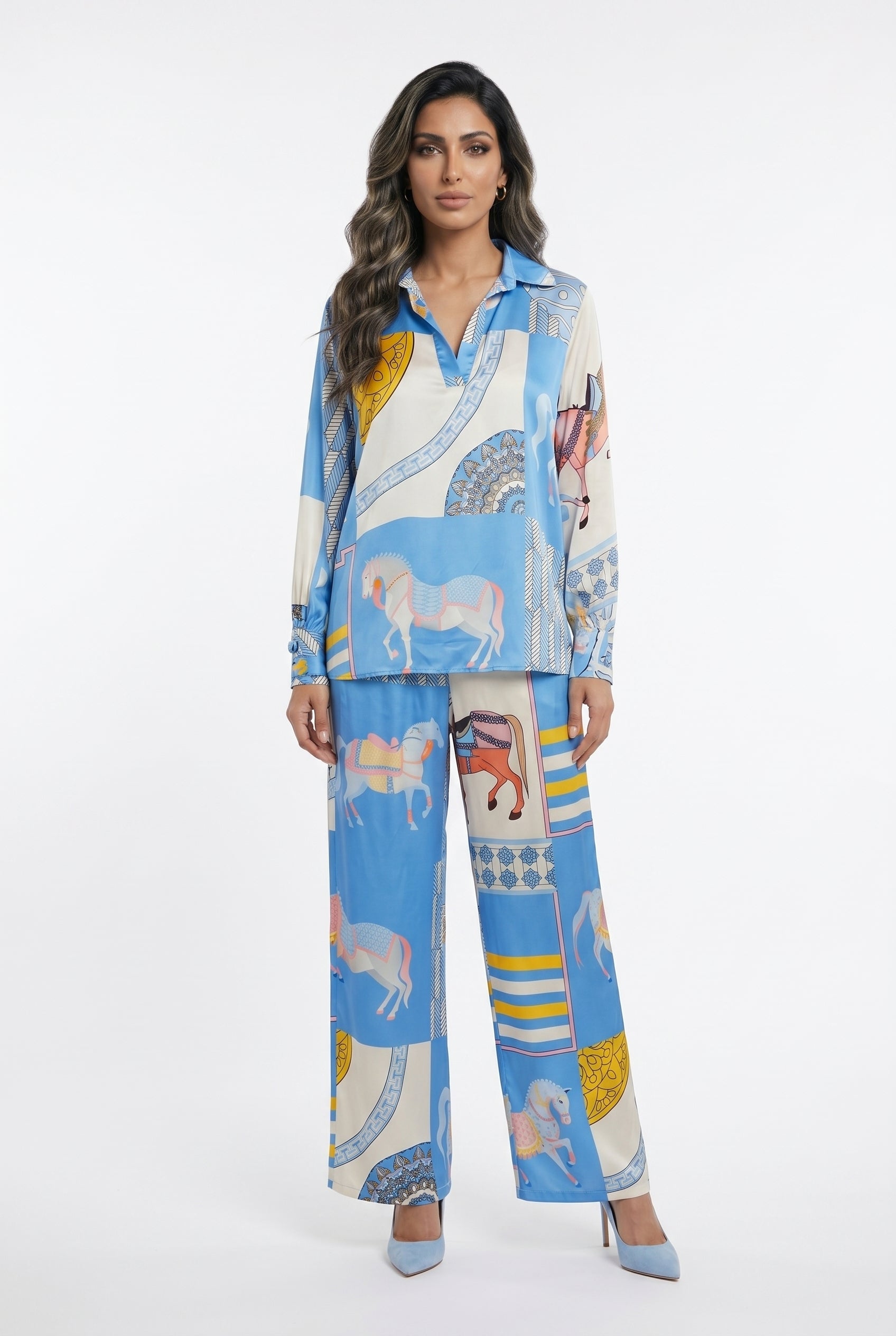KD9966/6637-20 Equestrian Printed Satin Top and Pants - Brown Loft