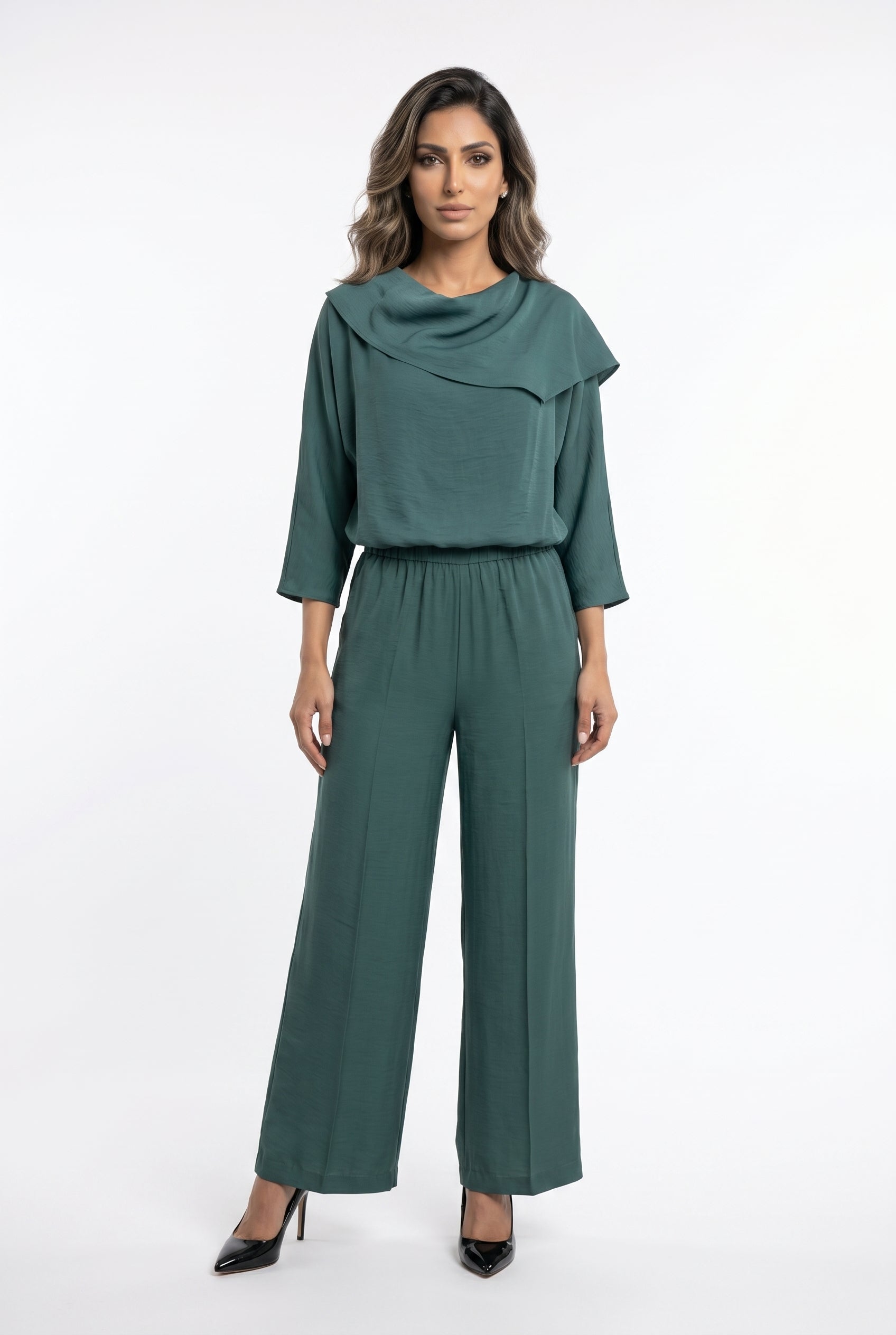 26SS-BC4055 Cowl Neckline Flowing Asymmetric Draped Top - Brown Loft