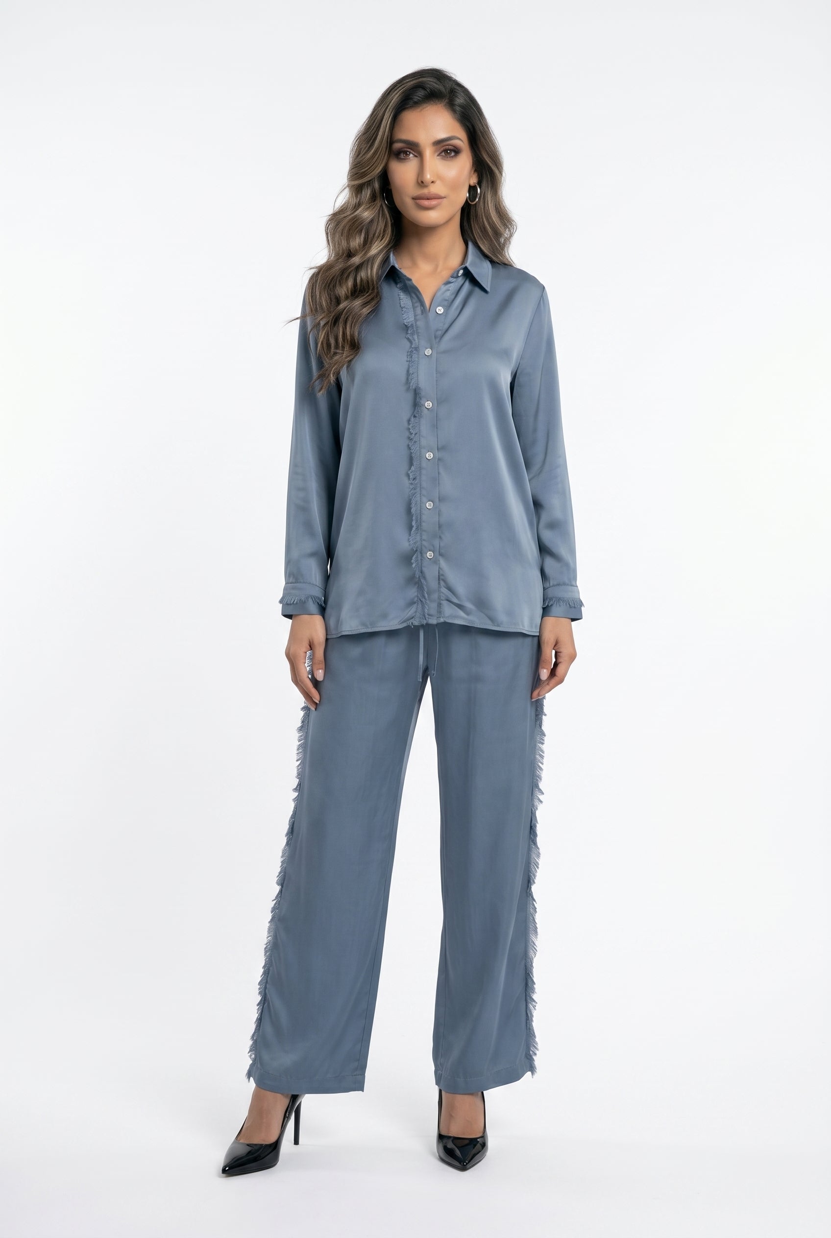 KD8607/05VS Satin Shirt and Pants قميص وبنطال من الساتان - Brown Loft