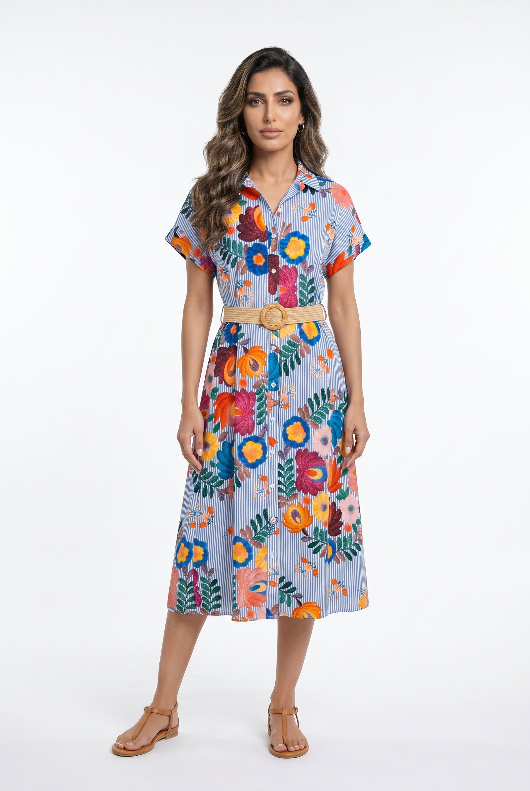 Striped Floral Printed Long Dress TDM19826