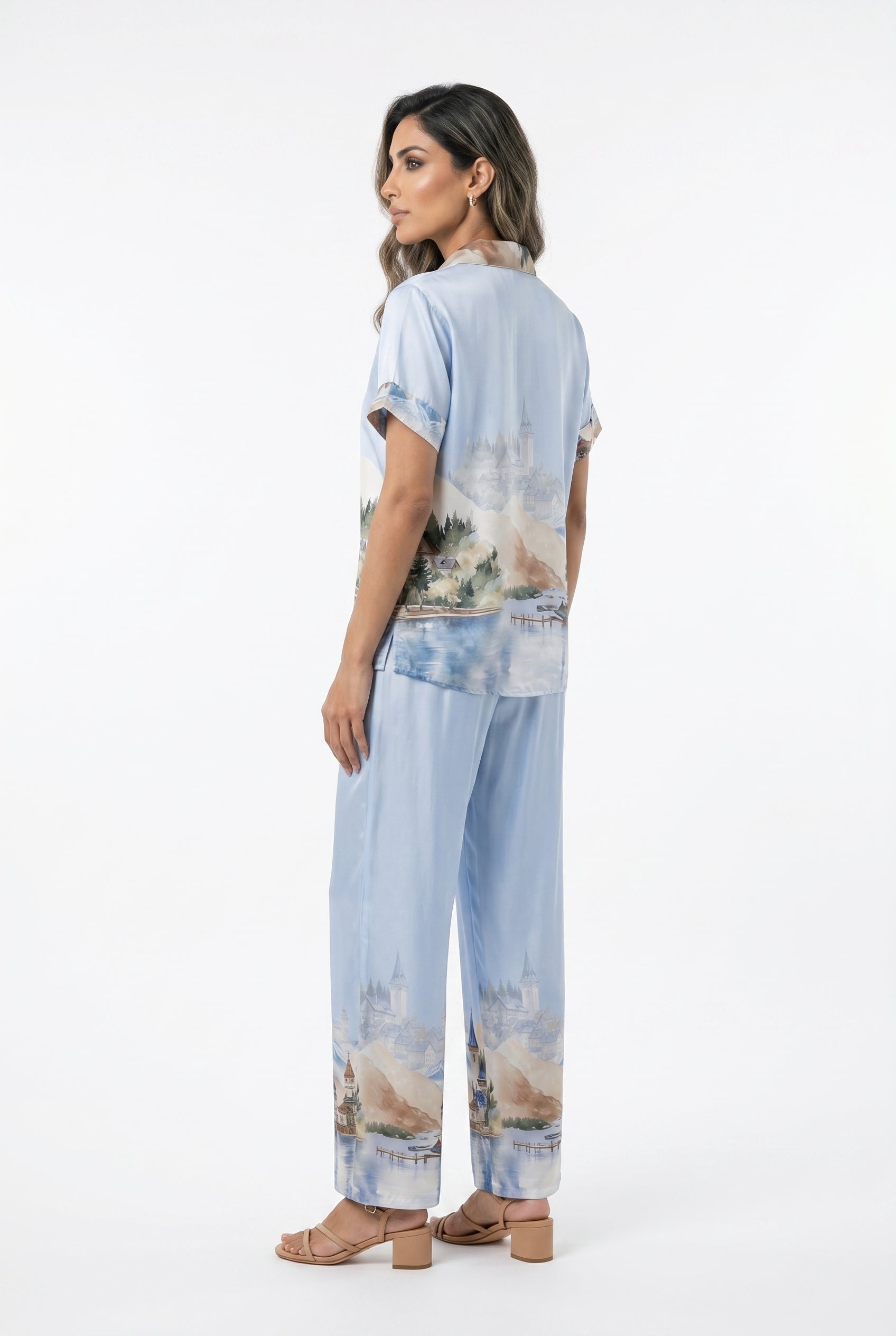 KD9157/37VS-32 Landscape Printed Satin Shirt and Pants
