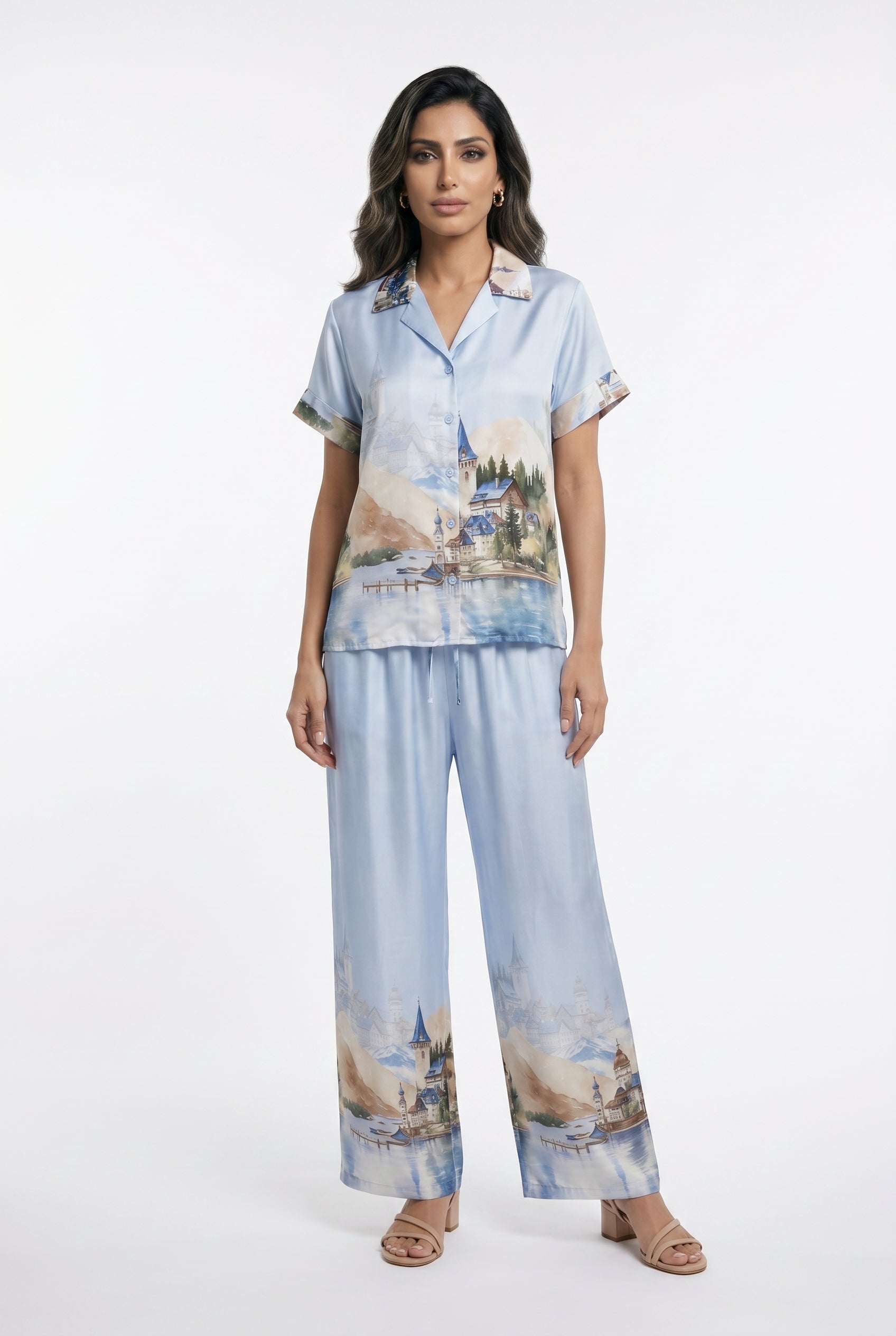 KD9157/37VS-32 Landscape Printed Satin Shirt and Pants