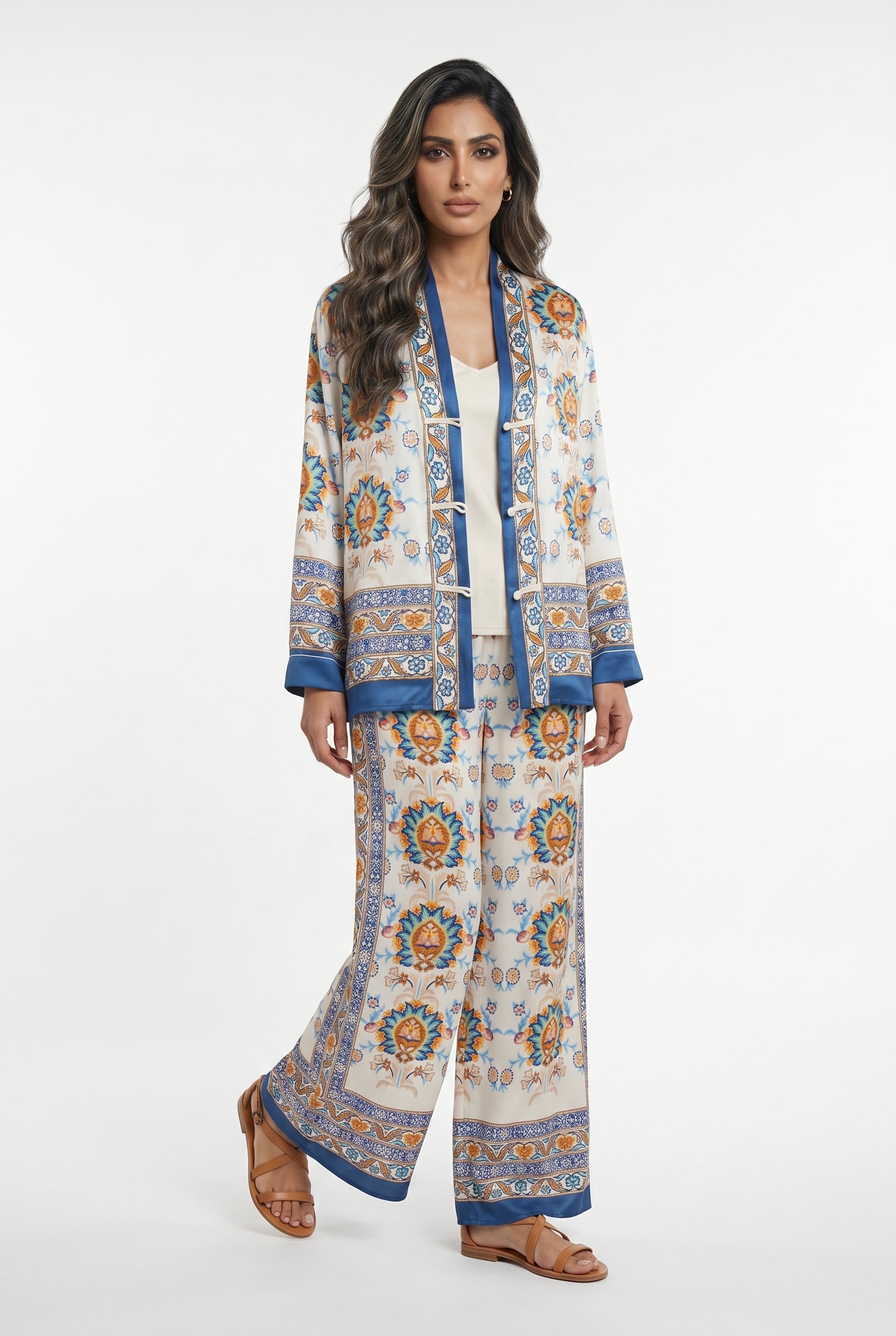 BCG03733 Printed Satin Jacket and Pants Set
