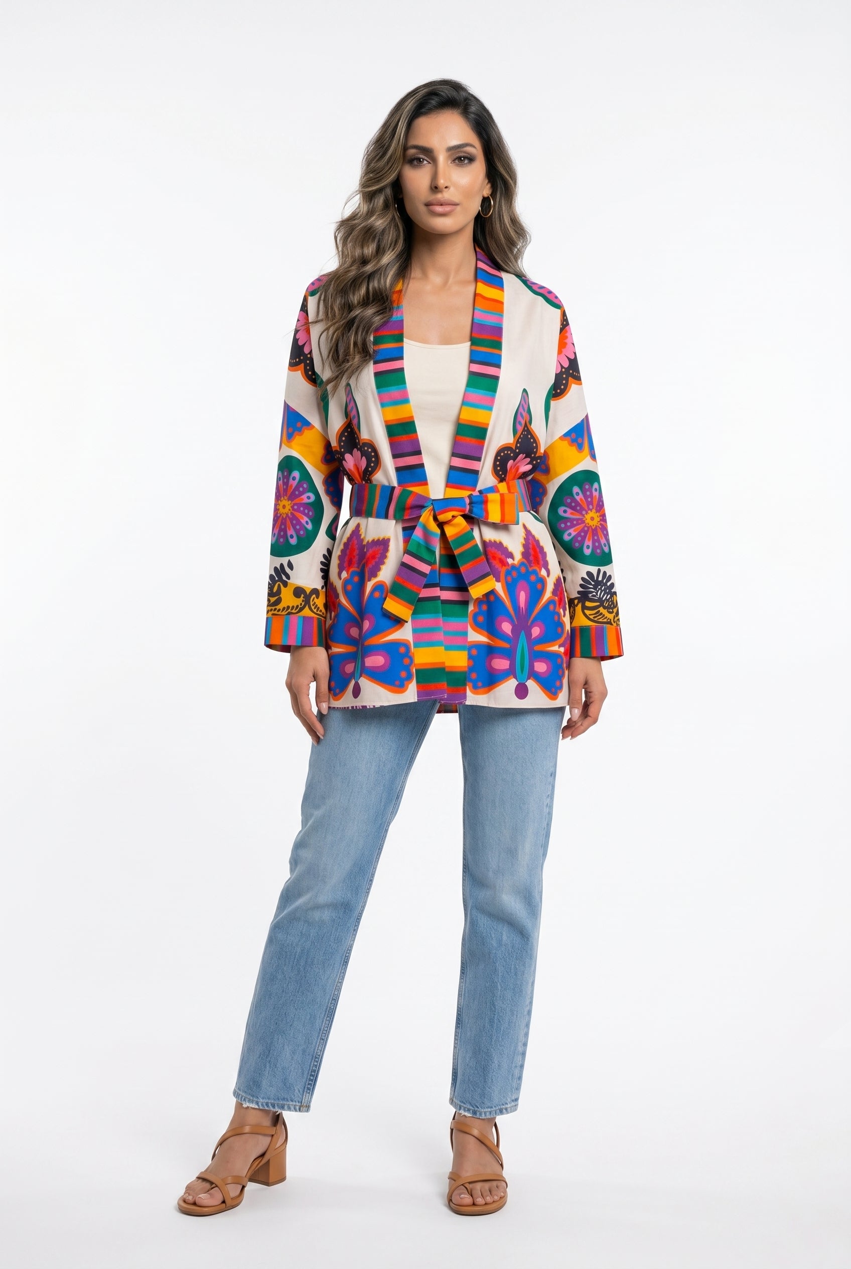 Purple Retro Inspired Belted Kimono 67058