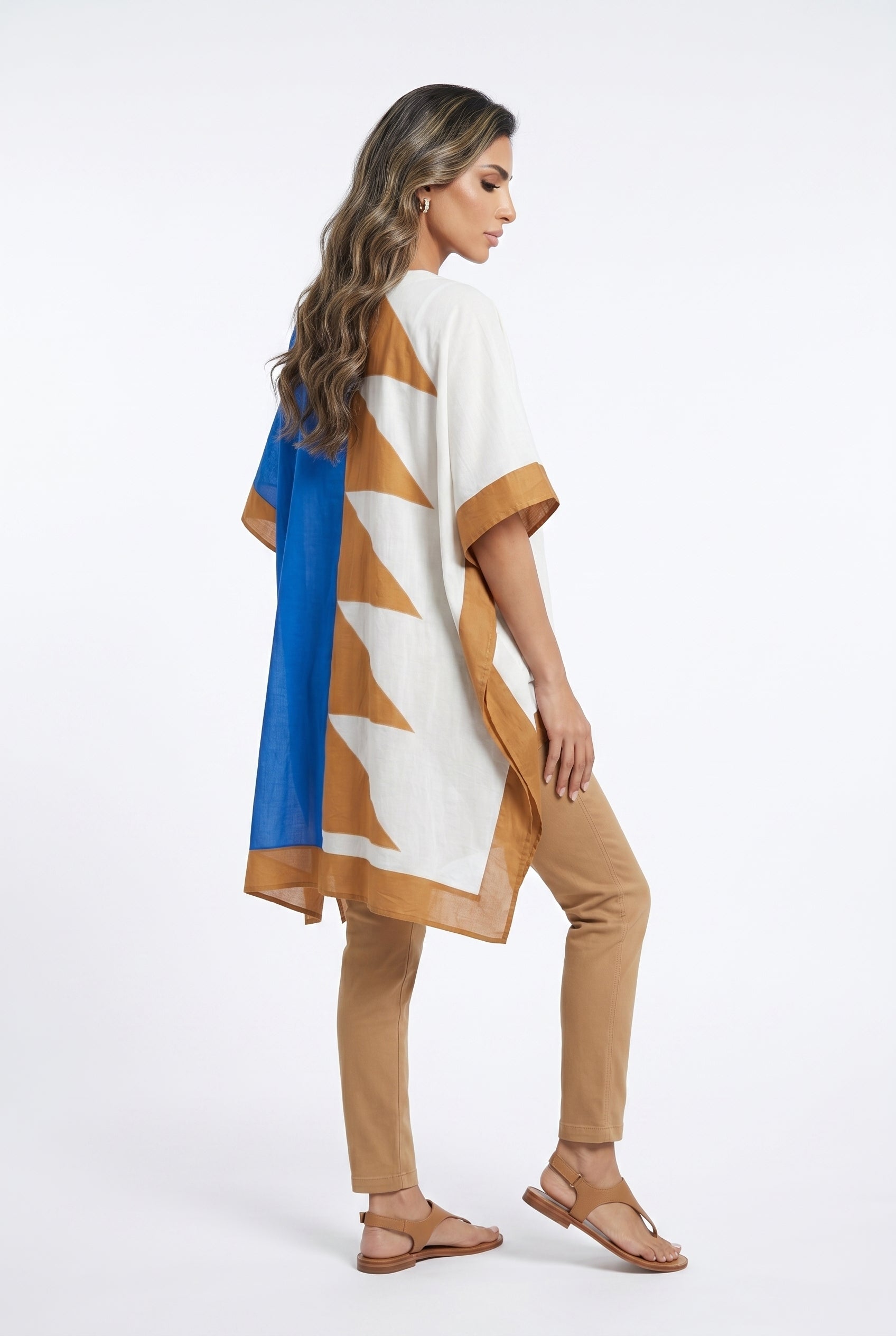 Block Patterned Cotton Short Kaftan 68008