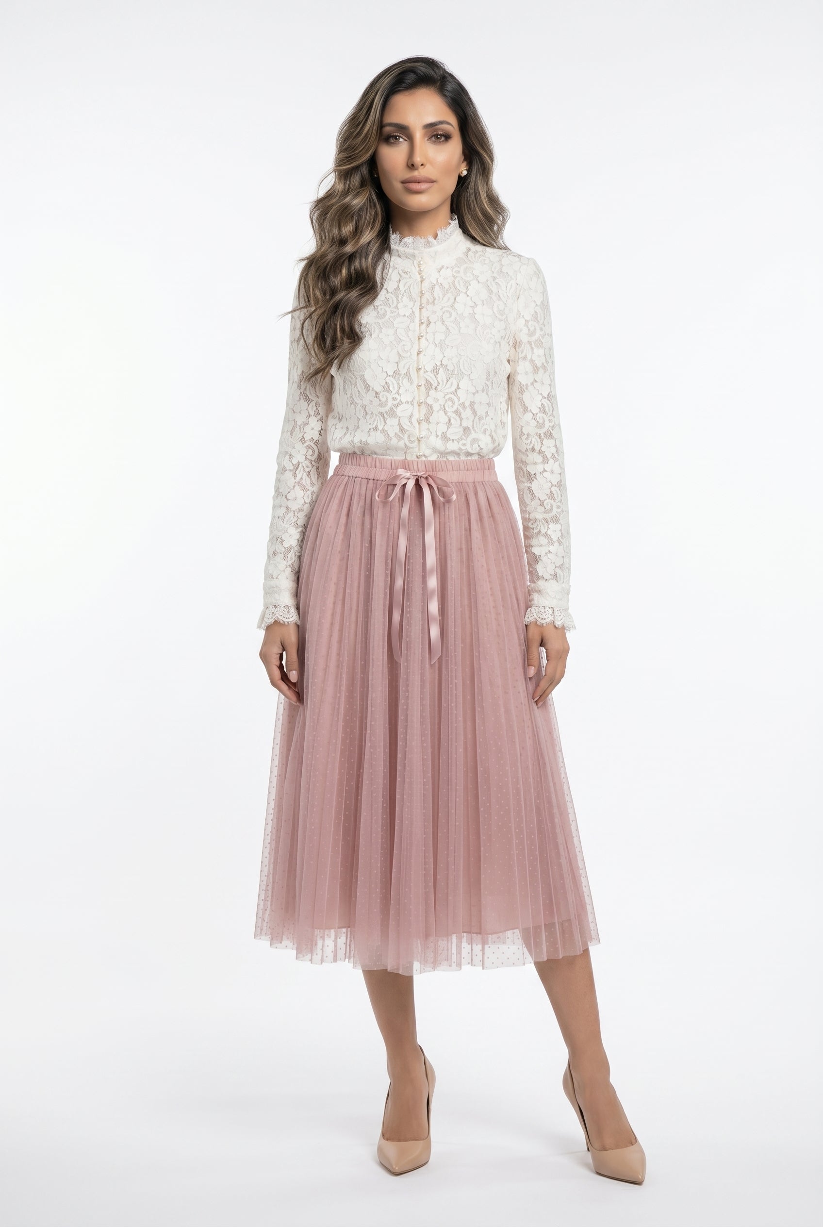 08077-3 Polka Dot Long Tulle Skirt تنورة طويلة من التول بنقاط البولكا