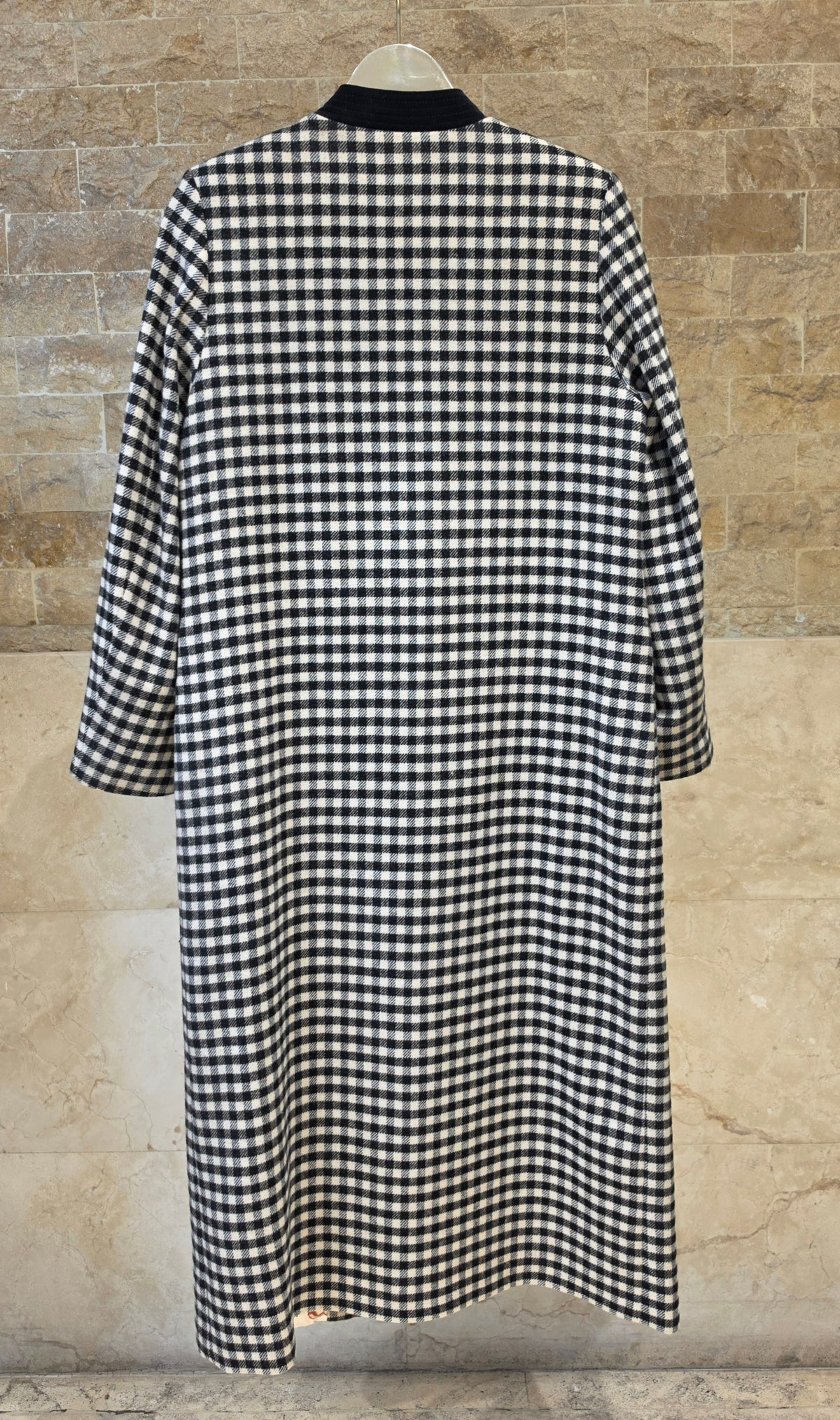 34178 Long Plaid Coat in Tile and Navy