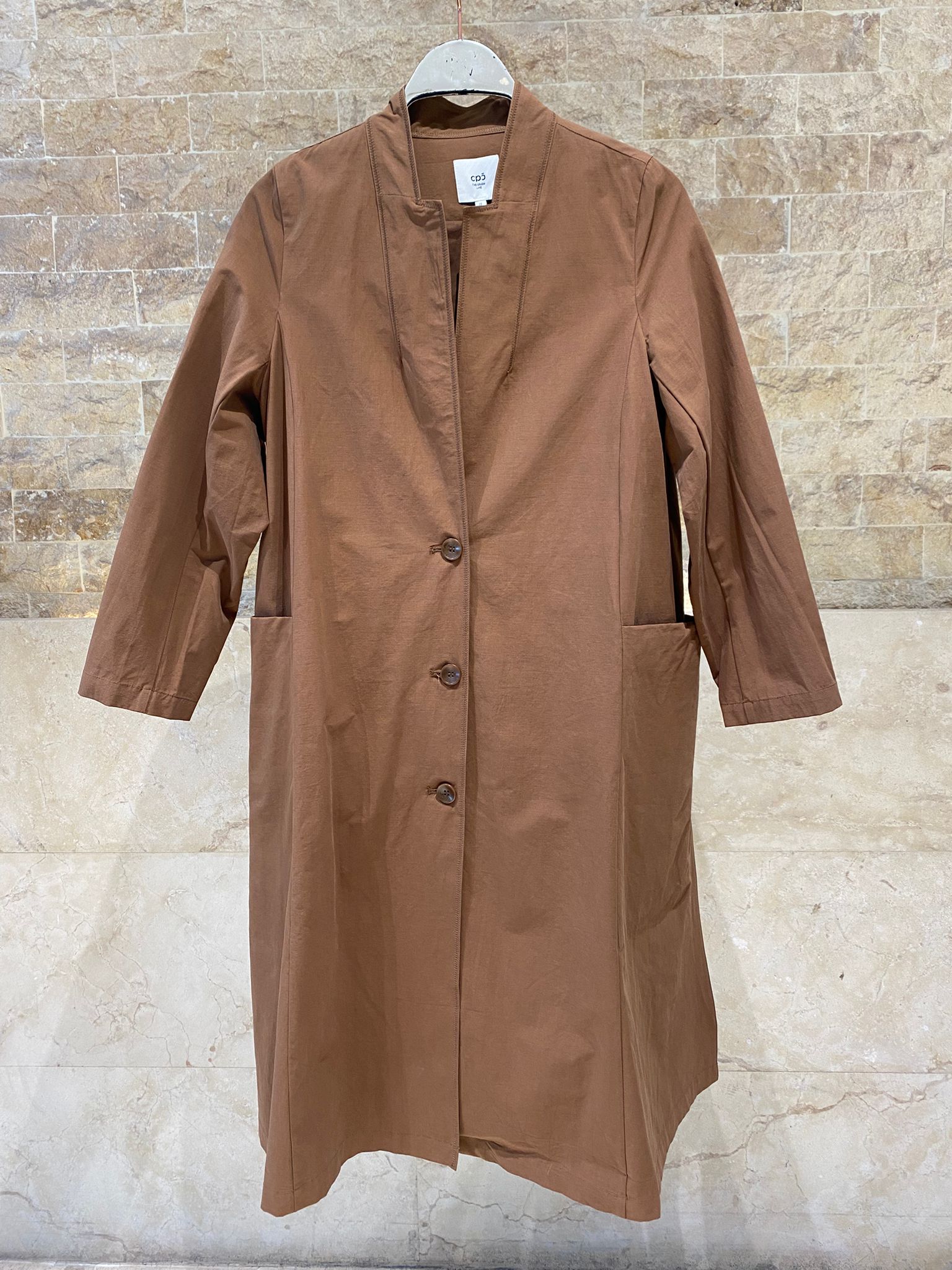 26S-5058 Stand Collared Long Coat Dress - Brown Loft