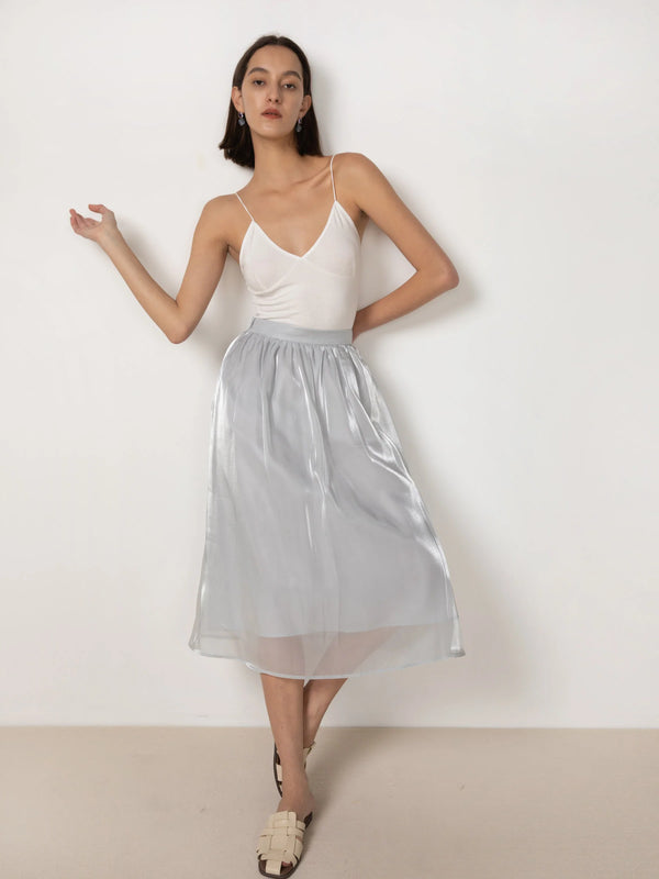 High Waisted A Line Pleated Sheer Midi Skirt - COBBS5007
