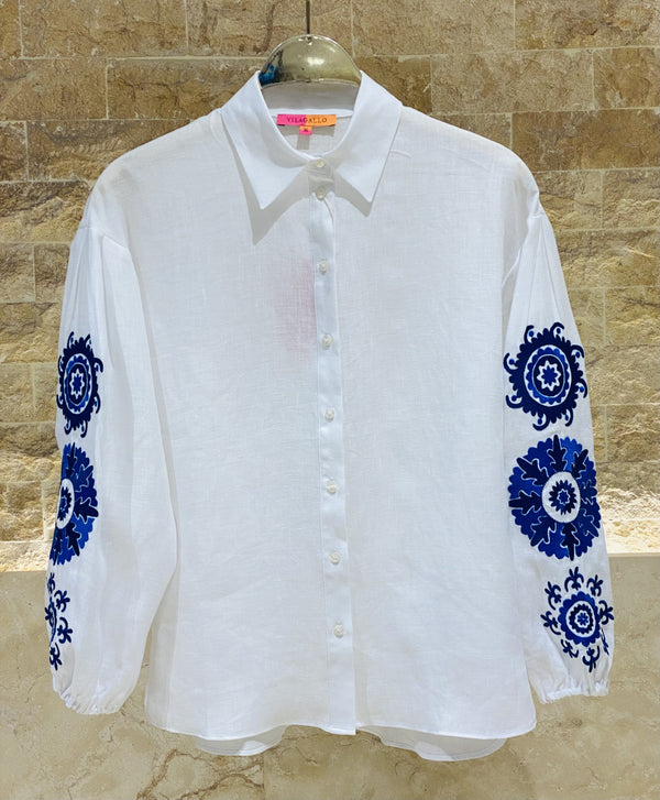 Blue Flower Embroidered Linen Shirt - 32164