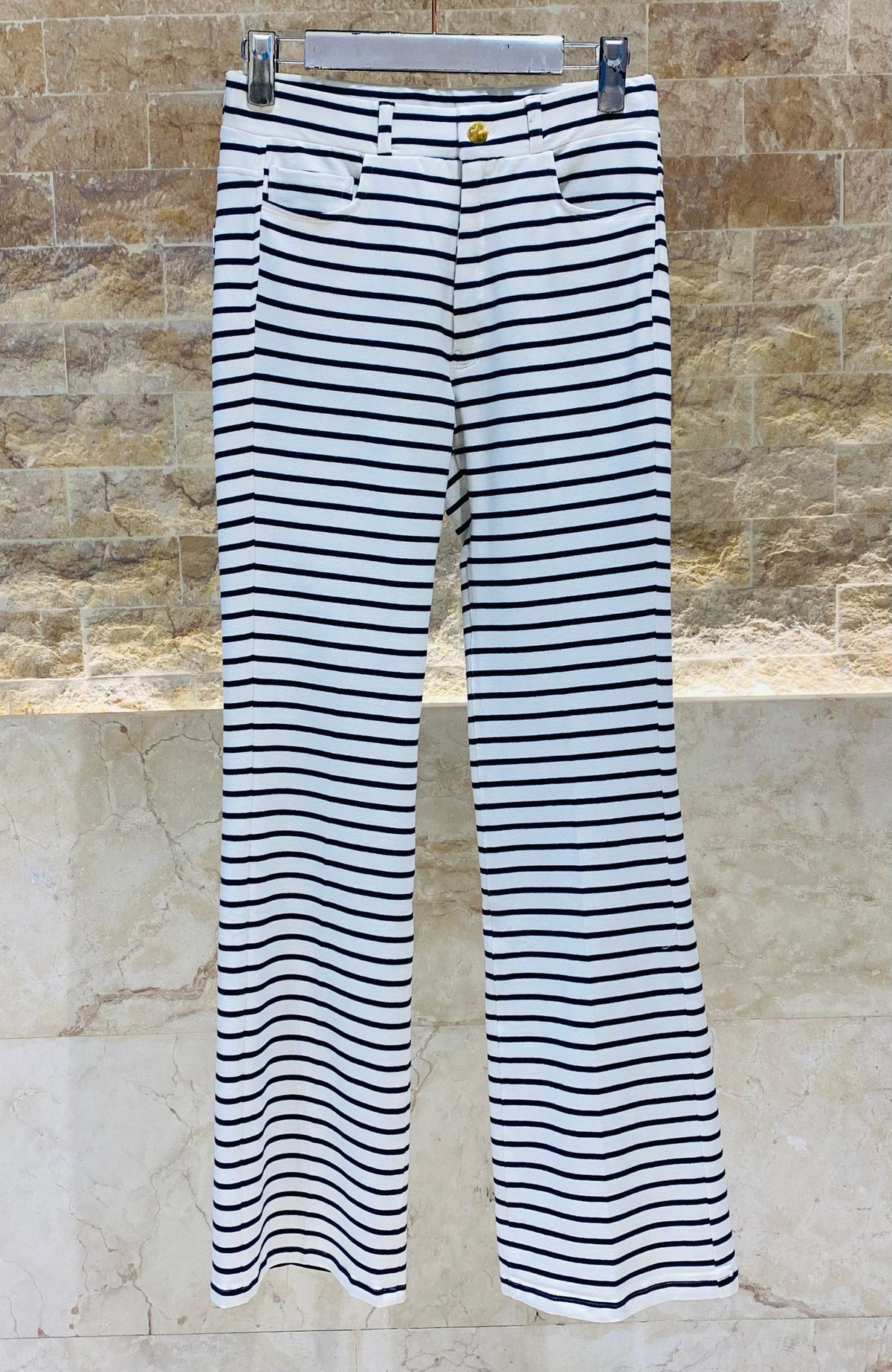 Navy Striped Flared Knit Pants - Brown Loft