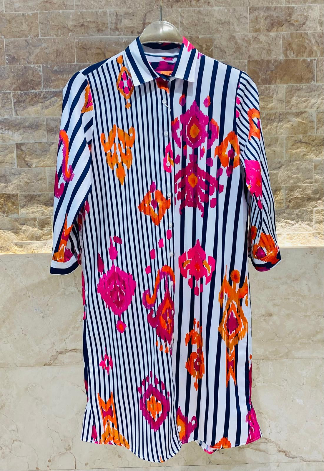 32292 Cotton Striped Knee-Length Dress with Ikat Print - Brown Loft