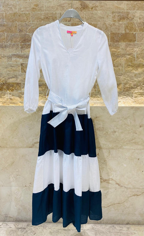 Long Linen Dress with Navy Stripes - 32558