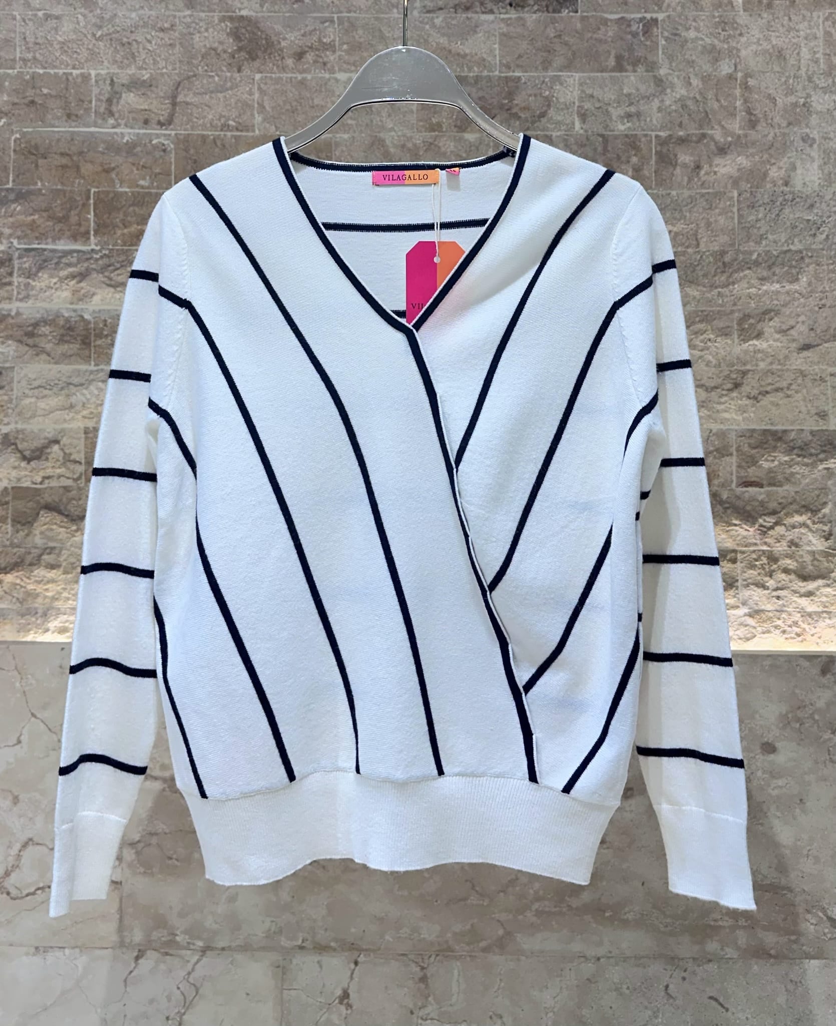32896 V Neck Navy Striped Knitwear Top - Brown Loft