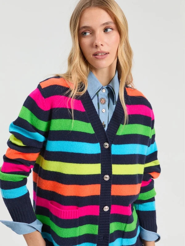 34129 Navy Multicolor Striped Cardigan