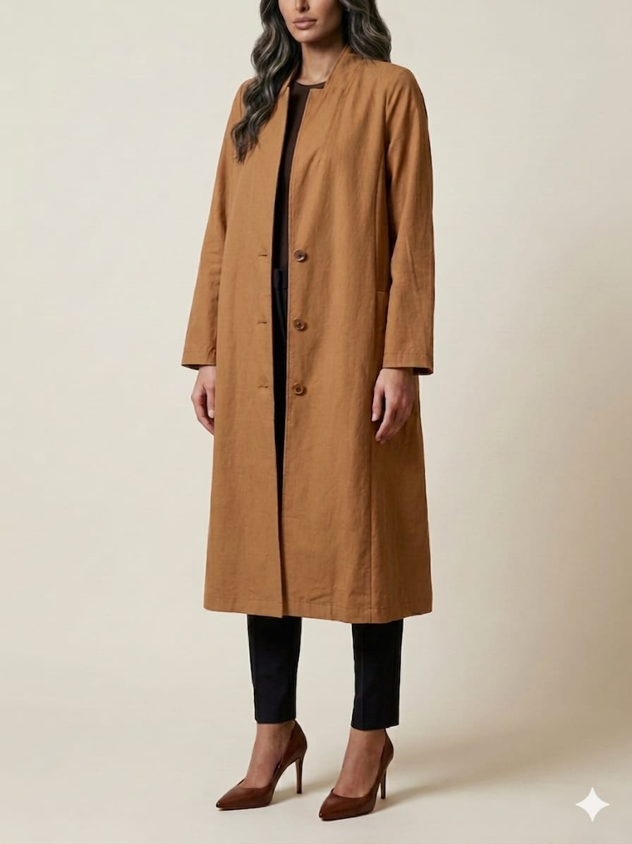 26S-5058 Stand Collared Long Coat Dress - Brown Loft