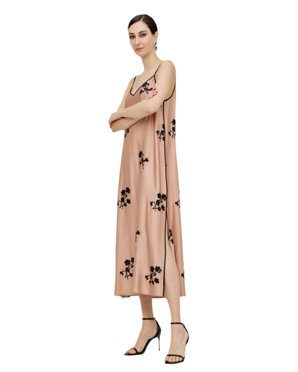 Elegant Satin Long Dress with Embroidered Flower Design