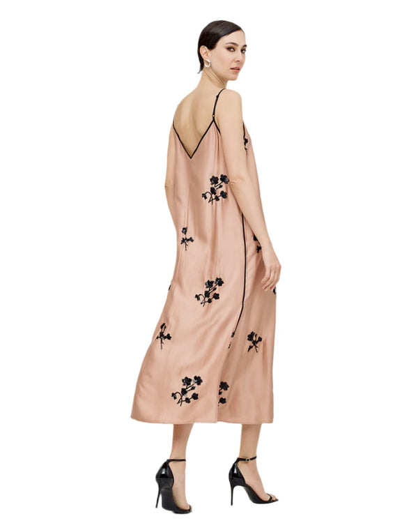 Elegant Satin Long Dress with Embroidered Flower Design