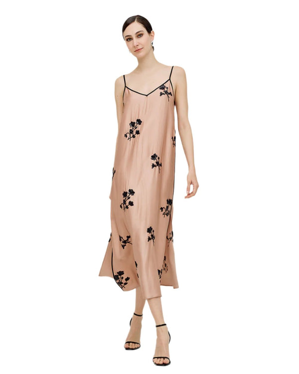 Elegant Satin Long Dress with Embroidered Flower Design