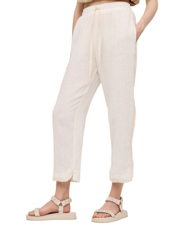 High Waist Linen Cropped Pants with Fringes