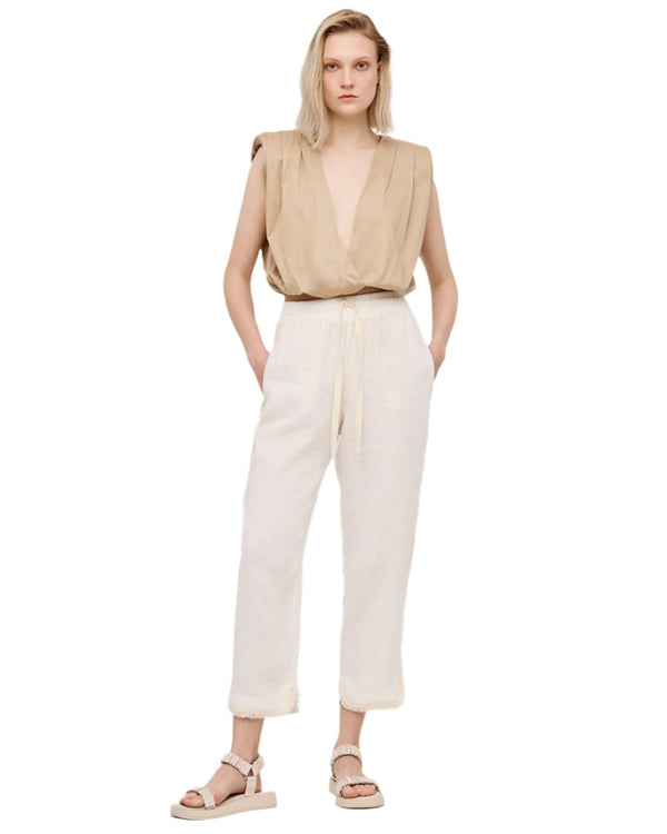 High Waist Linen Cropped Pants with Fringes