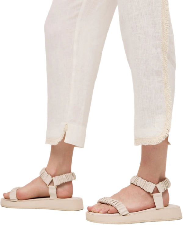 High Waist Linen Cropped Pants with Fringes