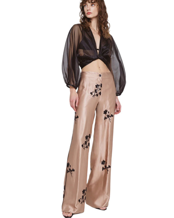 Satin Pants with Flower Embroidery - 43-5110
