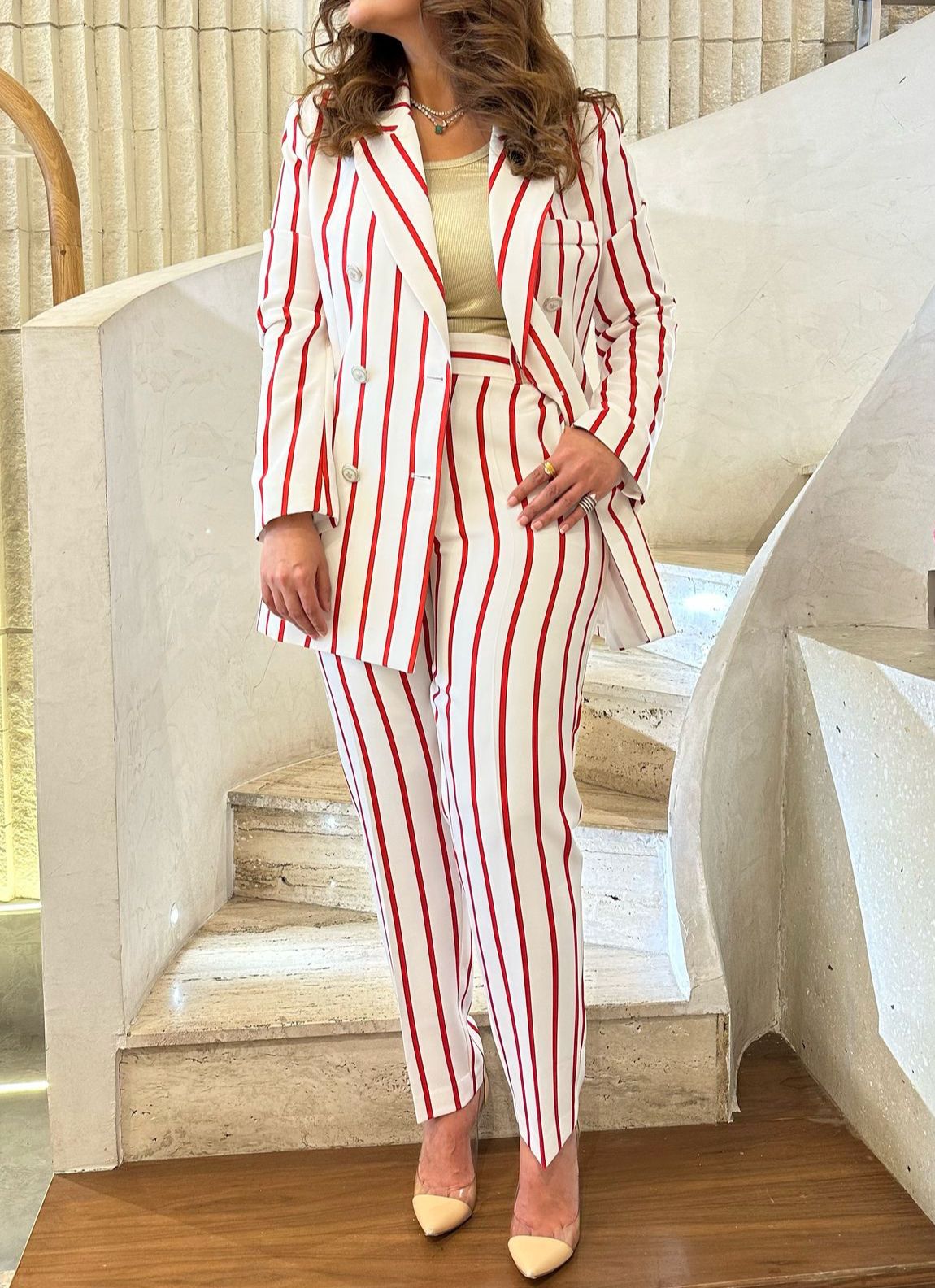 53-5145 Zippered Two Buttoned Slim Cut Red Striped Pants - Brown Loft