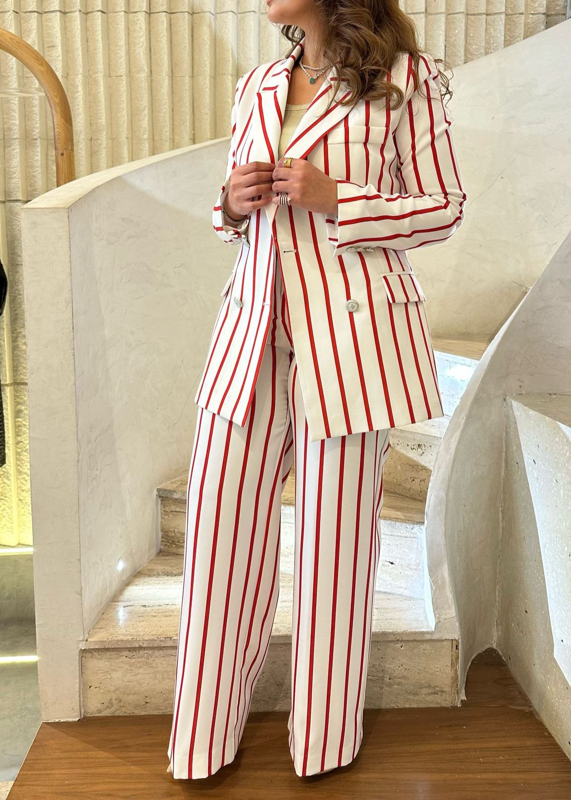 53-5145 Zippered Two Buttoned Slim Cut Red Striped Pants - Brown Loft