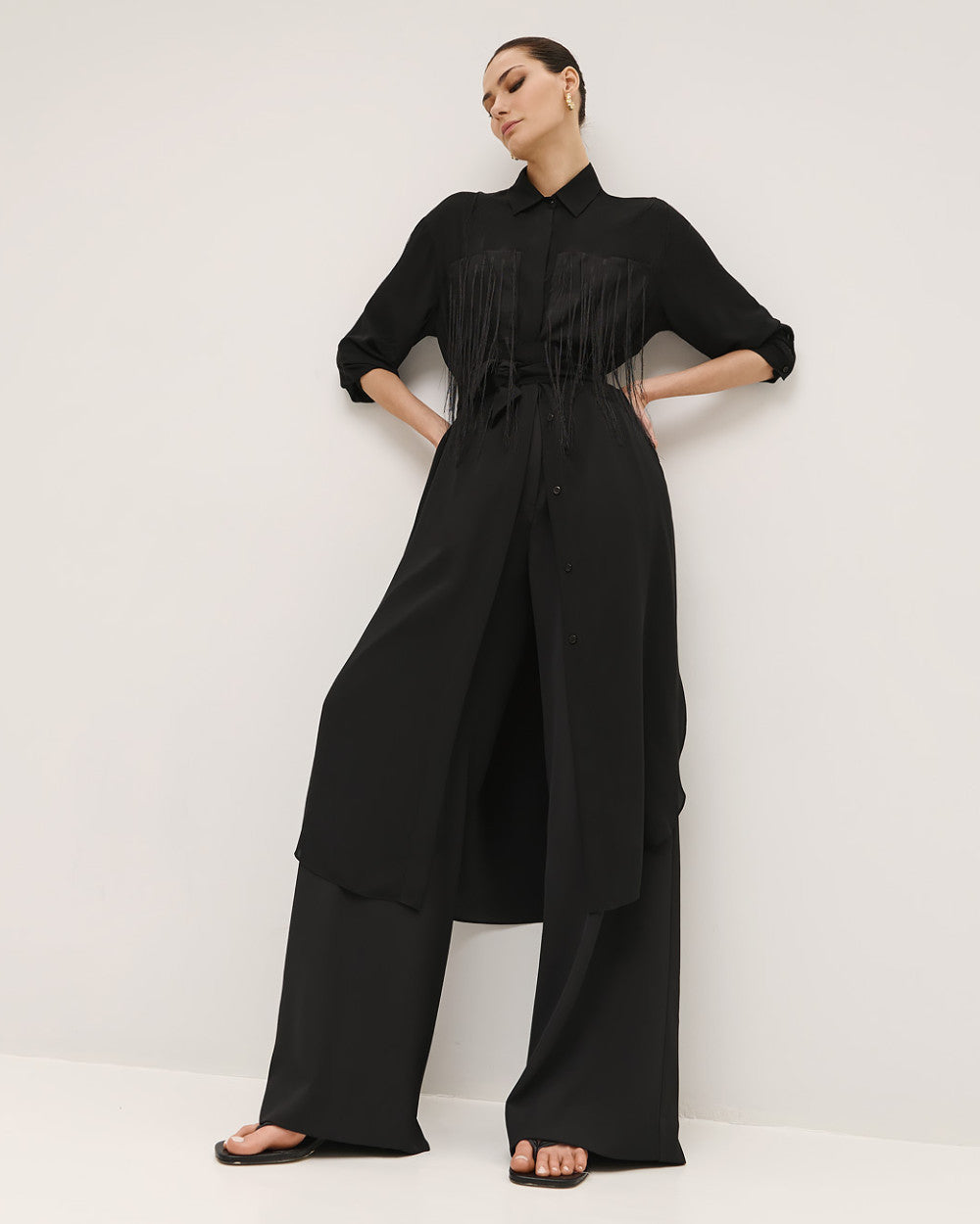 53-3326 Buttoned Collared Shirt Dress with Fringes - Brown Loft