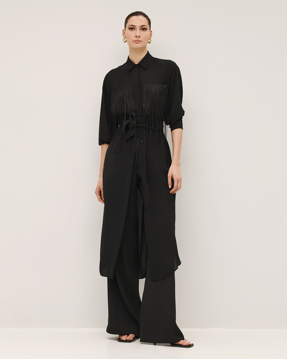 53-3326 Buttoned Collared Shirt Dress with Fringes - Brown Loft