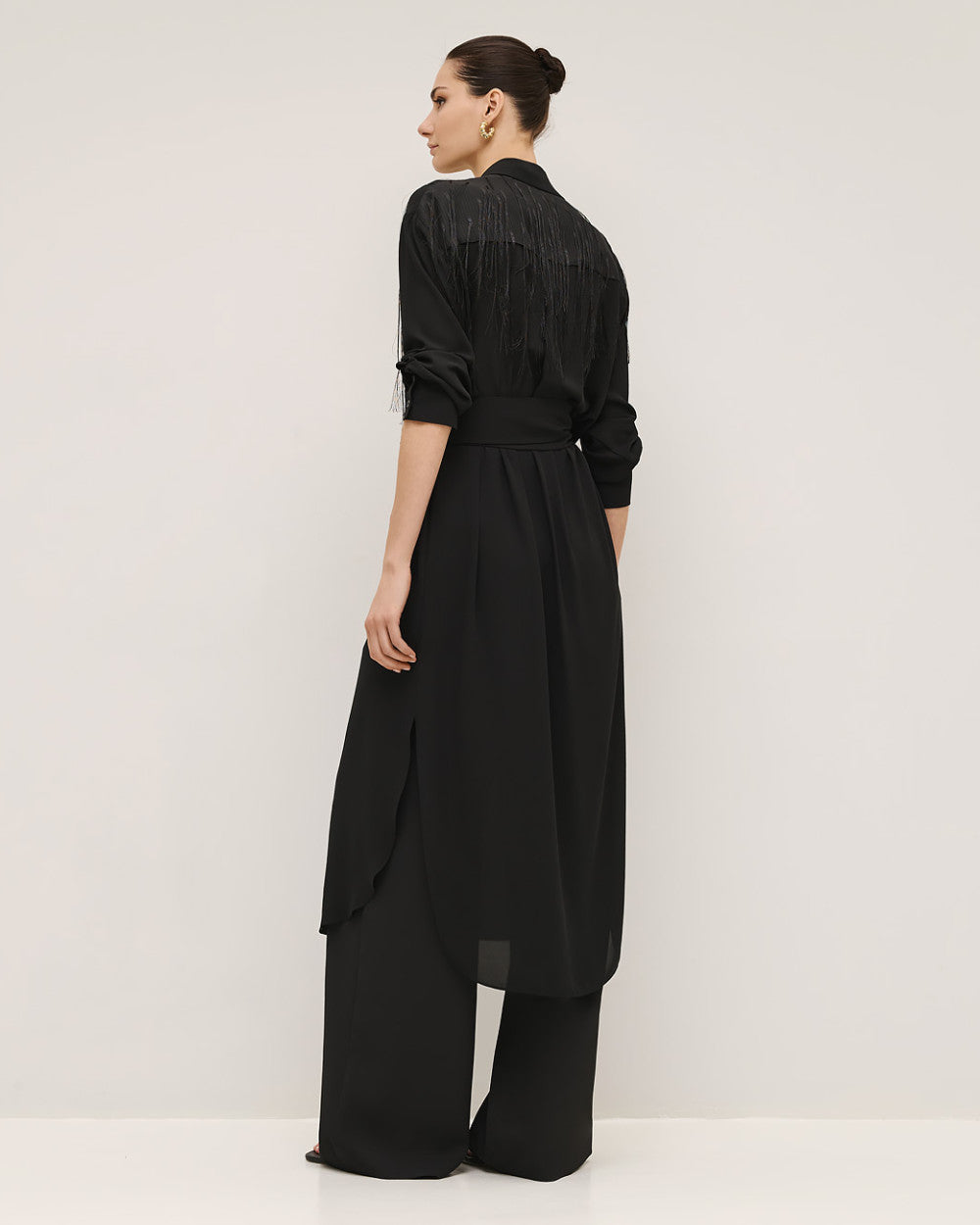 53-3326 Buttoned Collared Shirt Dress with Fringes - Brown Loft