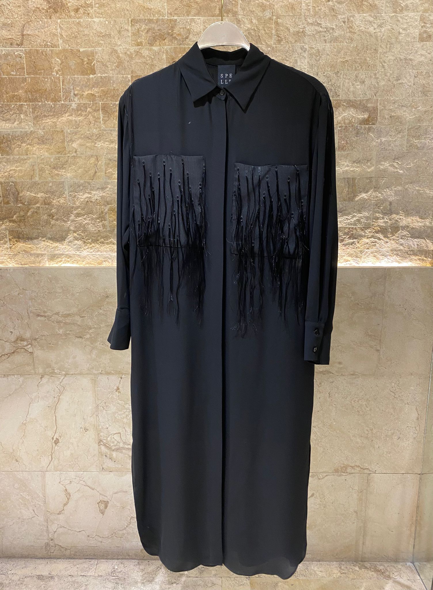 53-3326 Buttoned Collared Shirt Dress with Fringes - Brown Loft