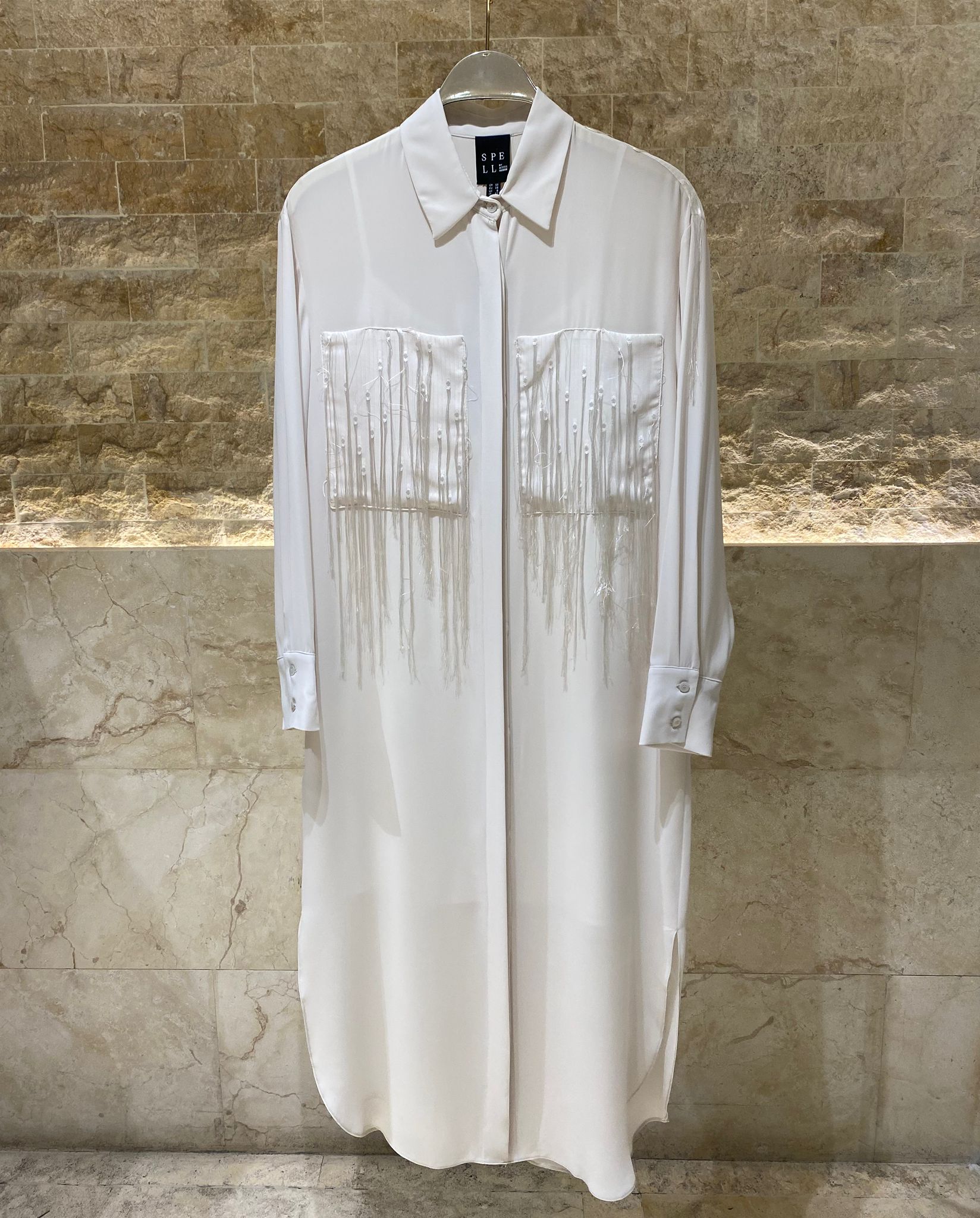 53-3326 Buttoned Collared Shirt Dress with Fringes - Brown Loft
