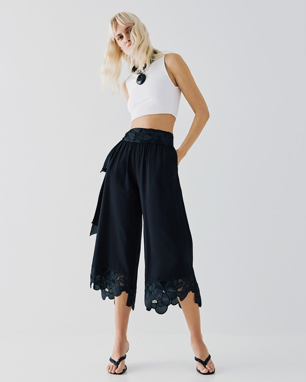 53-5001 Cropped Pants with Lace Hemlines - Brown Loft