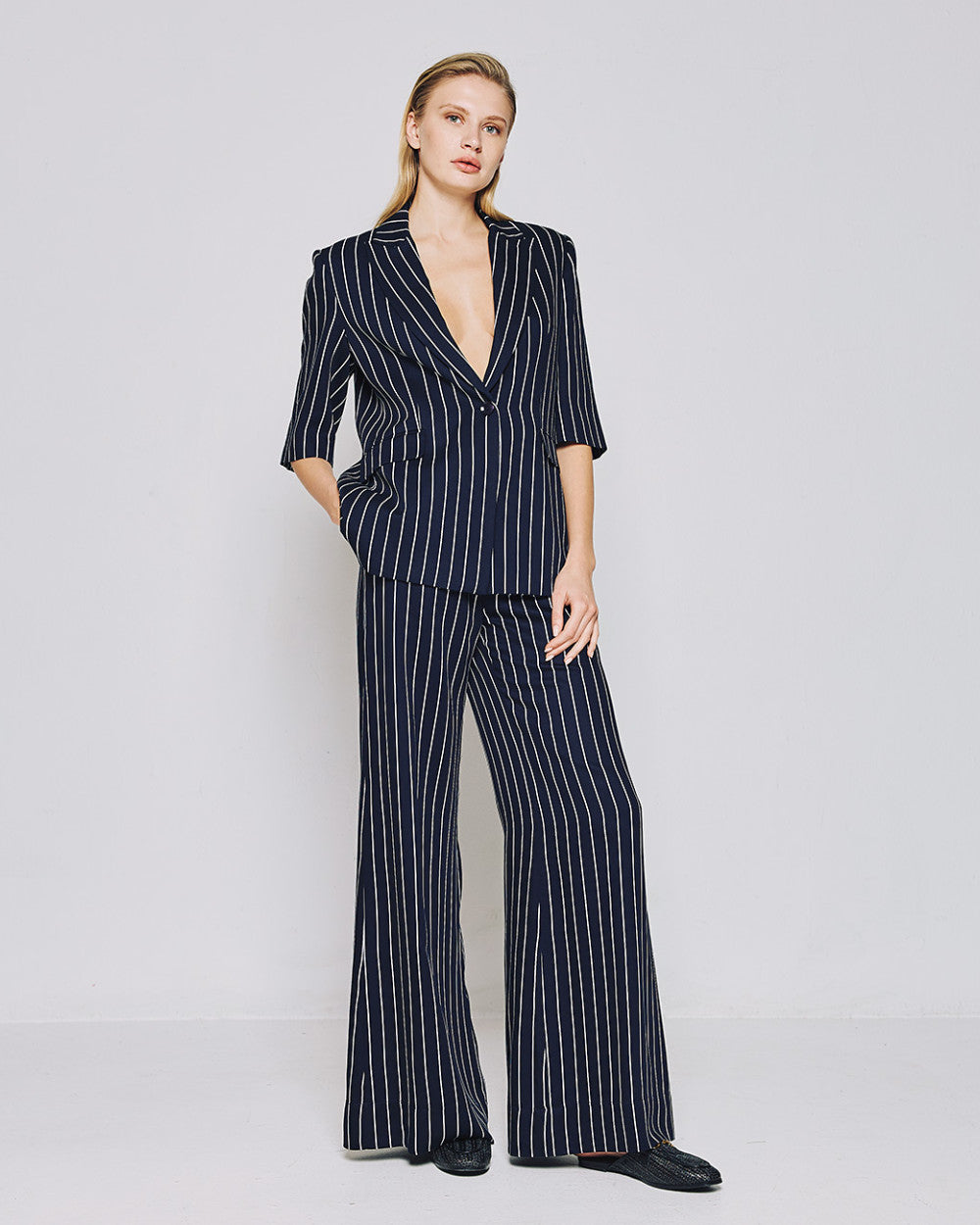 53-5053 High Waist Striped Flare Pants - Brown Loft