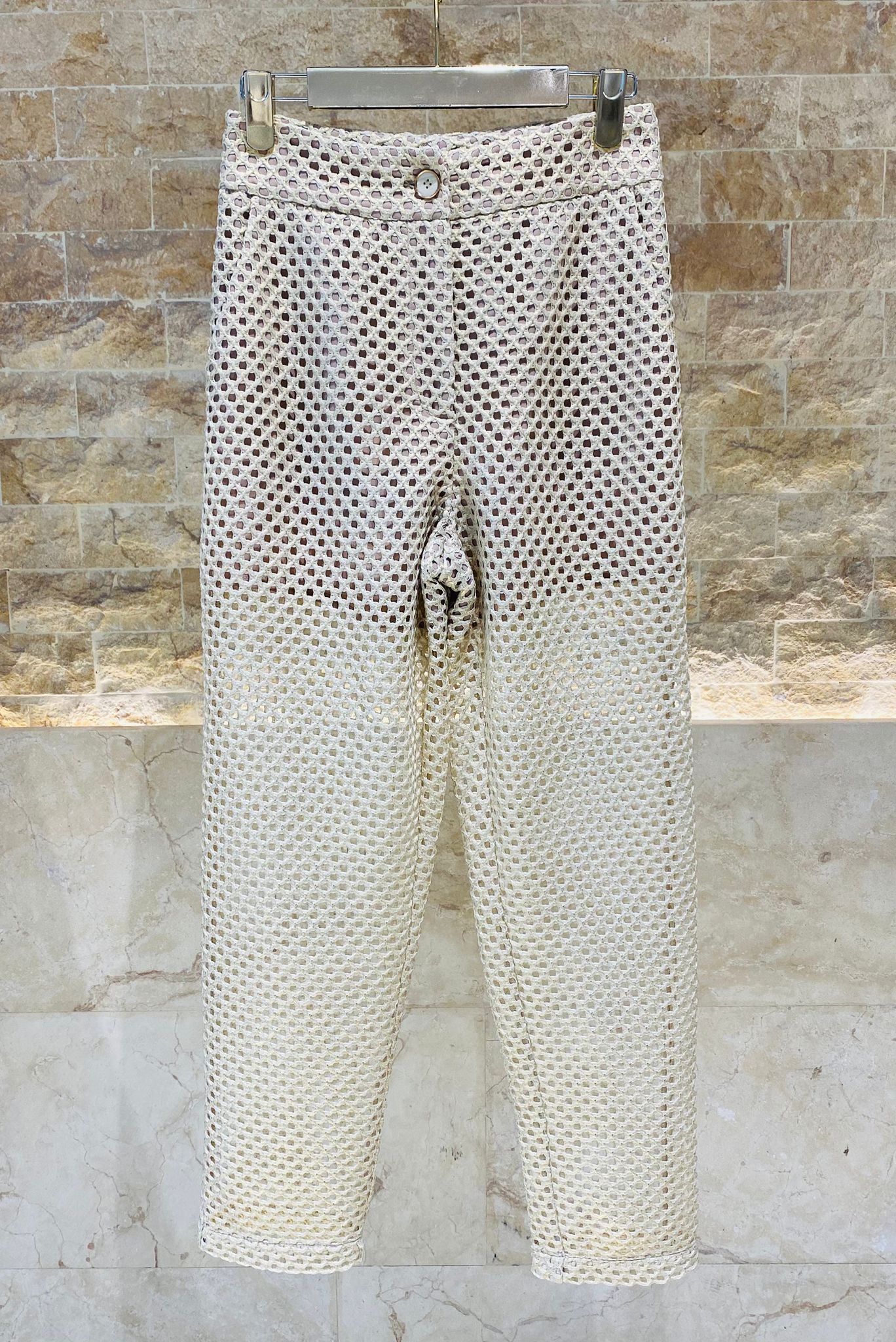 53-5128 Buttoned Zippered High Waist Perforated Metallic Pants - Brown Loft