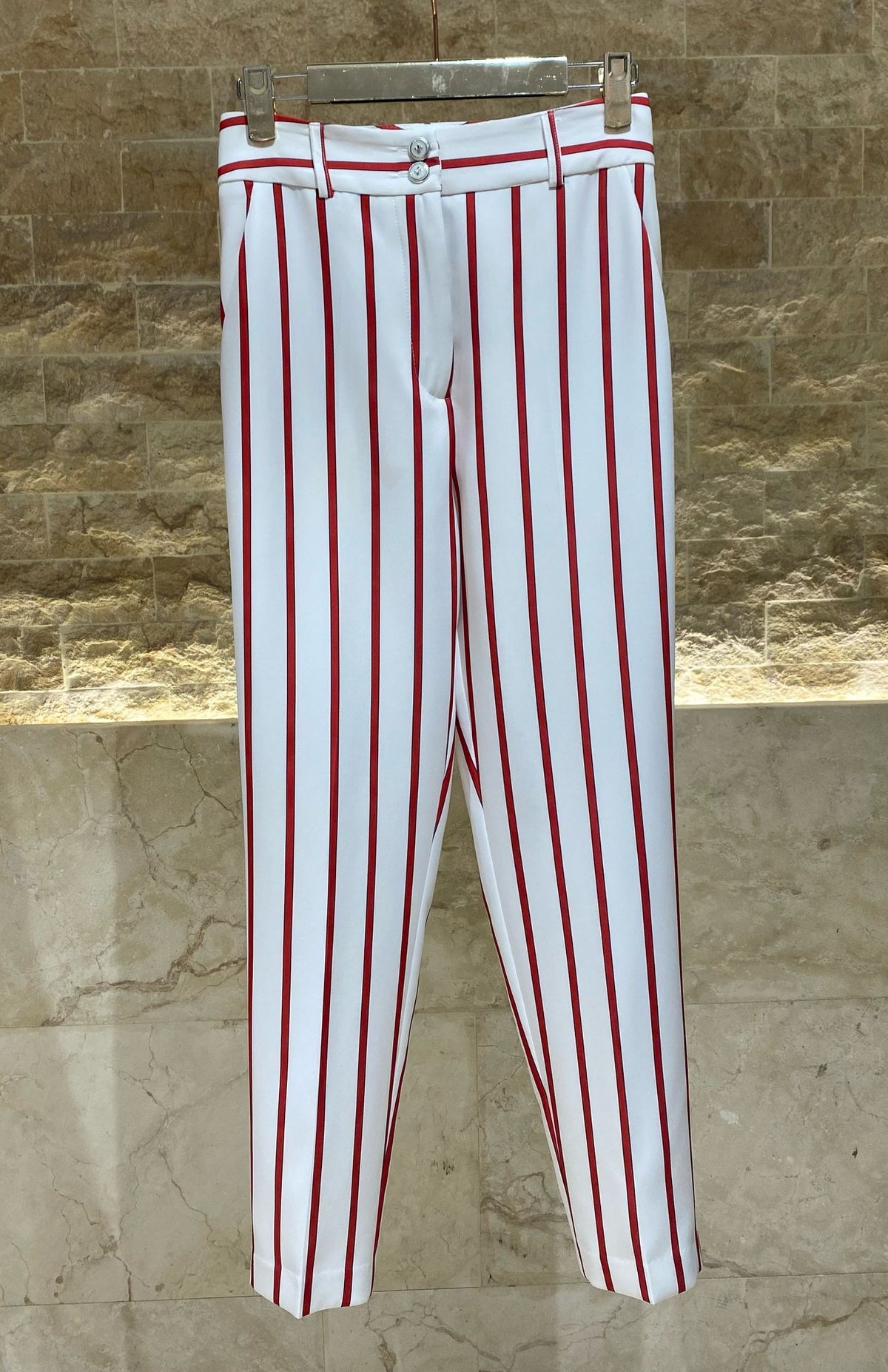 53-5145 Zippered Two Buttoned Slim Cut Red Striped Pants - Brown Loft