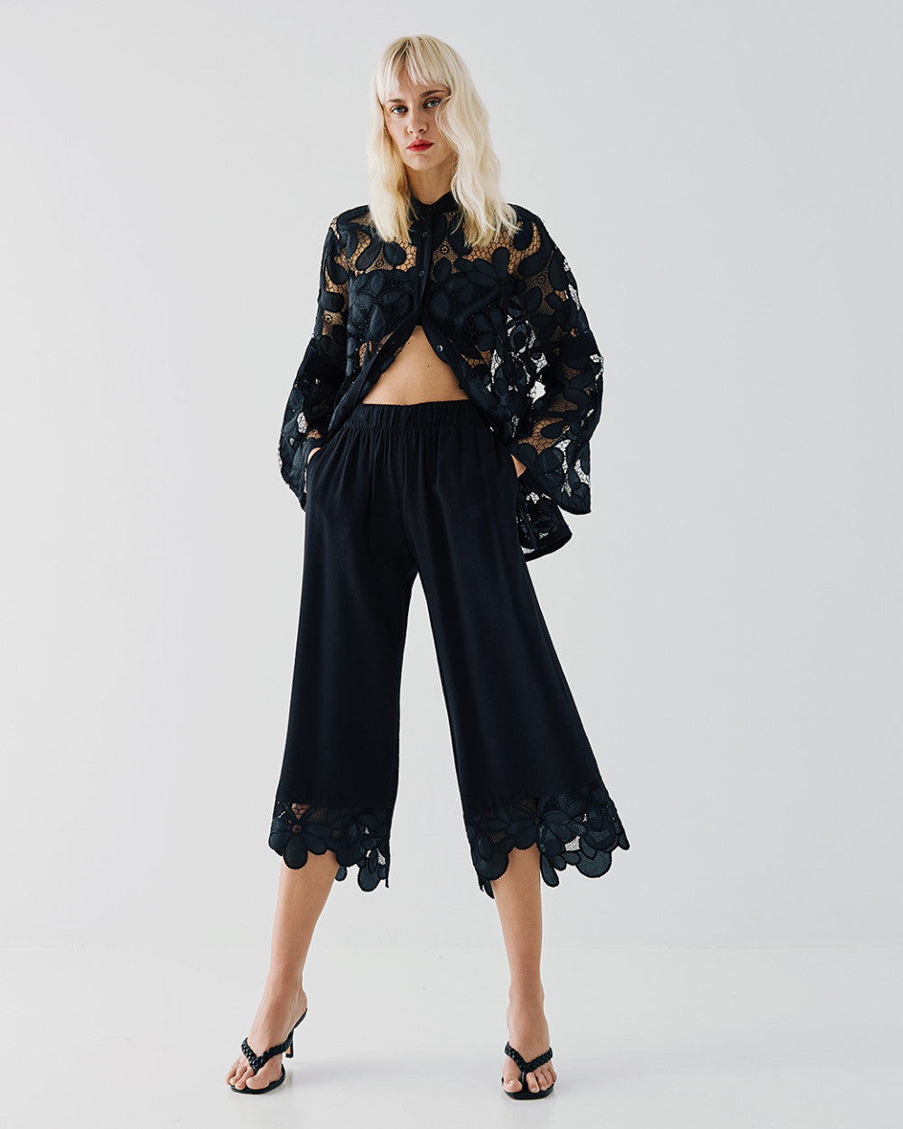 53-5001 Cropped Pants with Lace Hemlines - Brown Loft