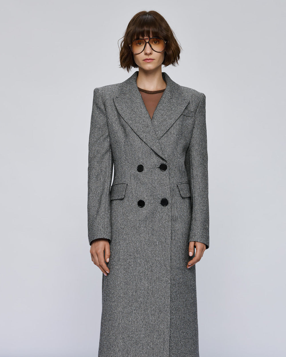 54-9002 Herringbone Weave Long Coat - Brown Loft