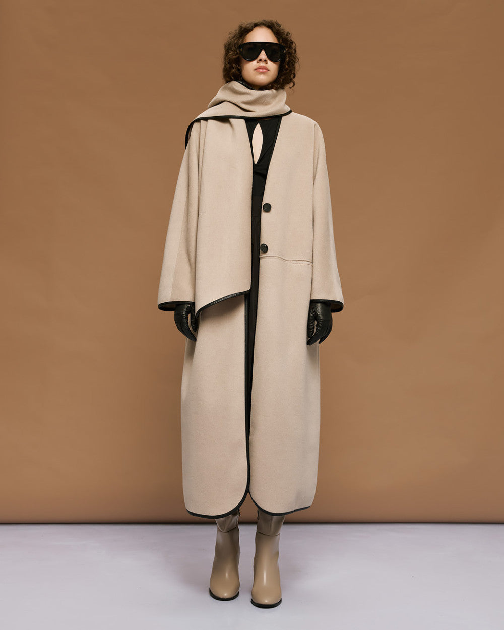 54-9009 Stylish Coat with Detachable Scarf - Brown Loft