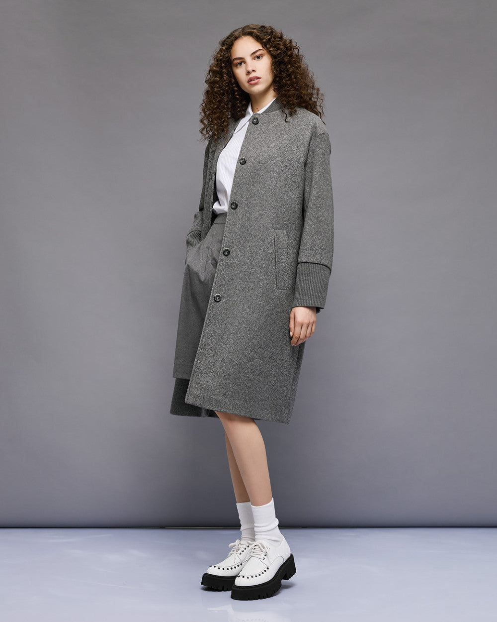 54-9014 Ribbed Neckline Buttoned Long Coat - Brown Loft