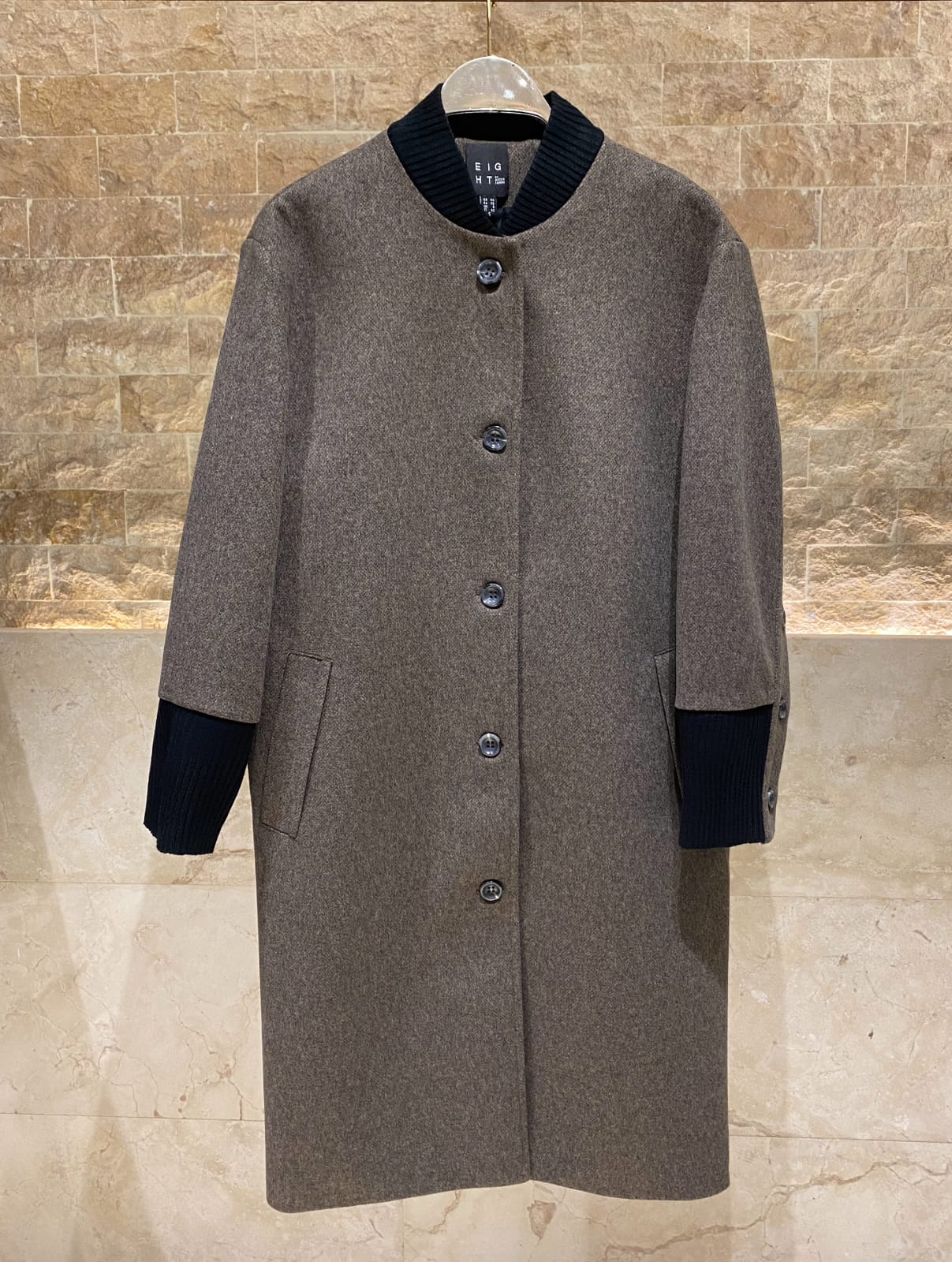 54-9014 Ribbed Neckline Buttoned Long Coat - Brown Loft