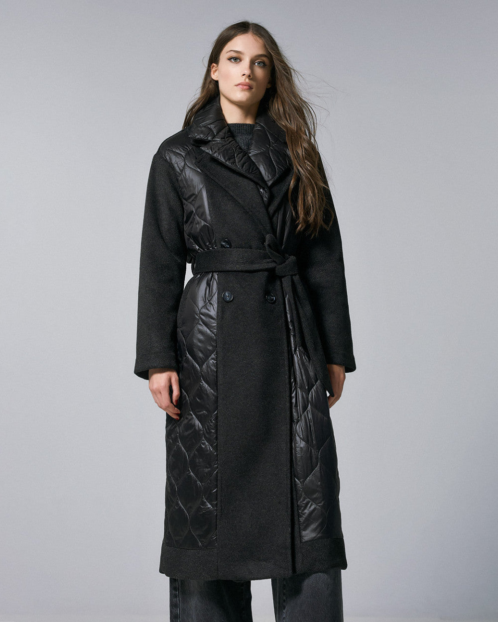 54-9017 Double Breasted Long Quilted Coat - Brown Loft